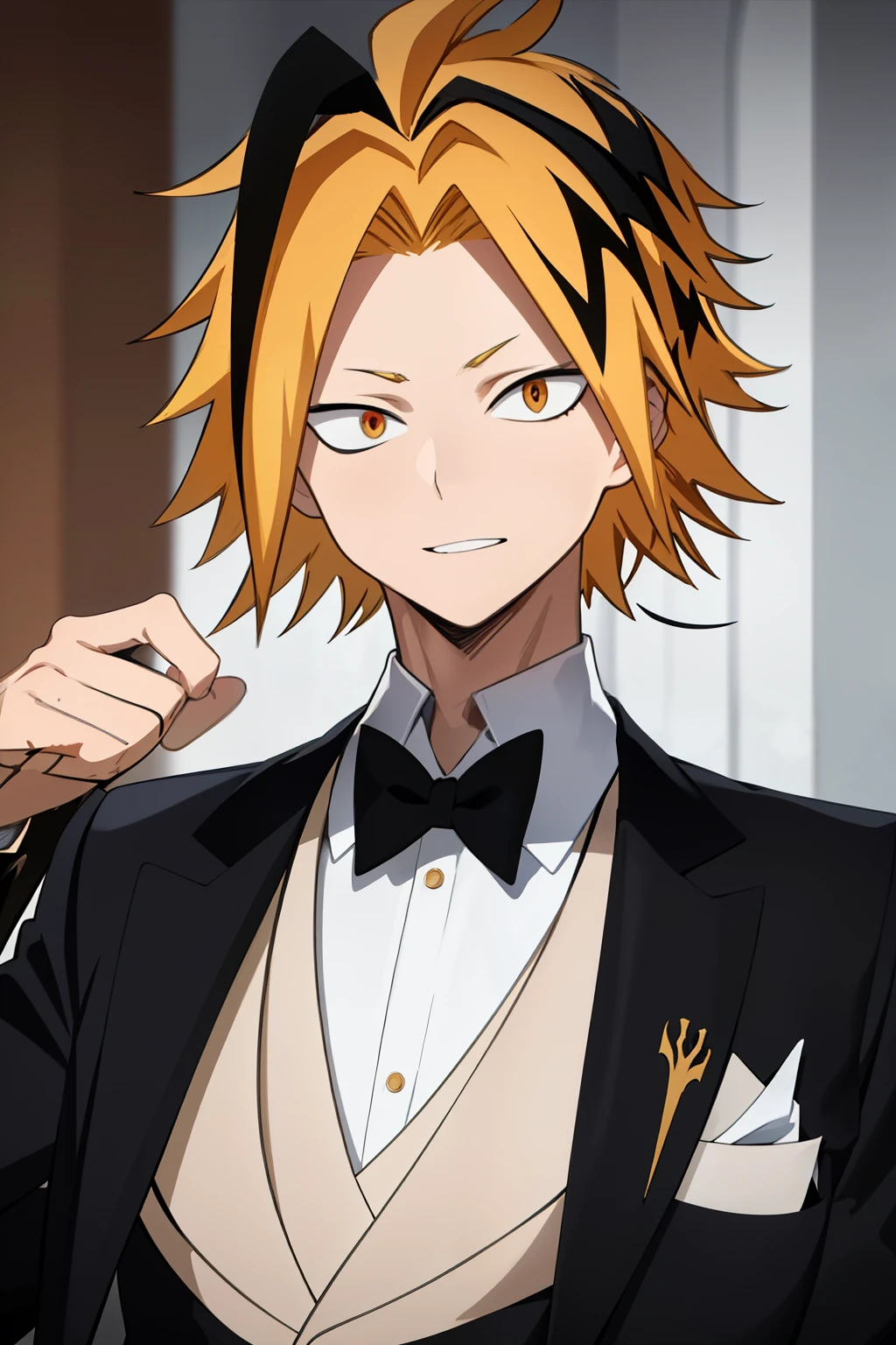 masterpiece , anatomy, 1 , , Looking At The Spectator , upper body , Kaminari_blonde hair, multicolored _hair, gala suit, antifaz elegant puesta, elegant, theme: Mascara Party, Clothing style: Principle, Mascara mask on, Genre: male, face accessory: Mask on
