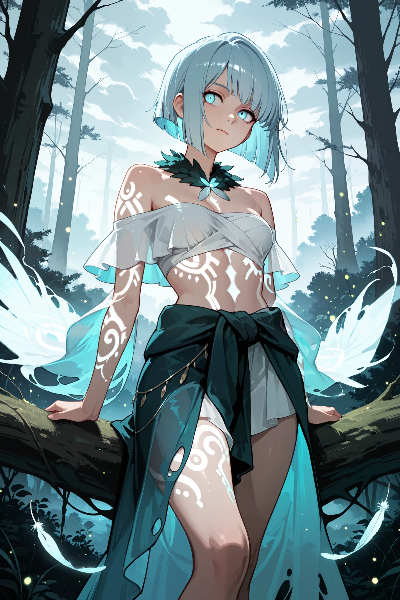 Smooth Quality, dynamic lighting, dynamic pose, detailed background, 1girl, ghostly translucent body with faint glowing aura, medium haircut (wispy layered bob with blunt ends), hair partially covering serene eyes, cloudy mist replacing legs and forming swirling around her, outfit made of ethereal feathers (off-shoulder feather collar and chest wrap), translucent fabric draping around waist with faint movement, glowing pale blue eyes with subtle glowing tattoos on arms, gentle floating pose in a moonlit forest, fog swirling softly around her with ancient trees and twisted roots, fireflies glowing faintly, eerie yet serene atmosphere, soft shadows from the moonlight filtering through the trees