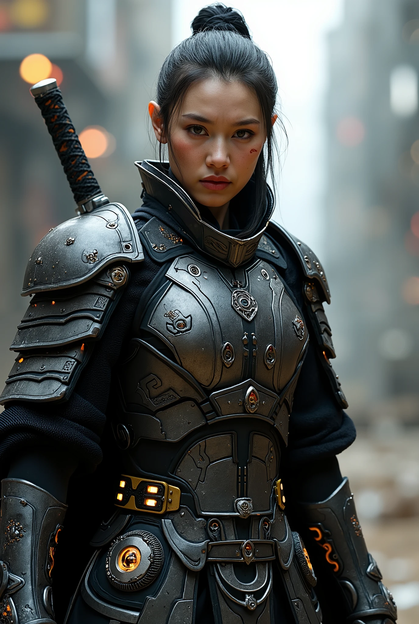 Futuristic Chinese medieval armor with a katana, fiery and weary look yet sexy and captivating, show face, 