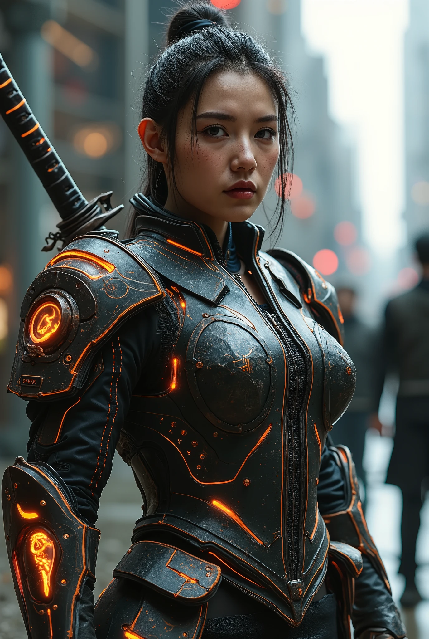 Futuristic Chinese medieval armor with a katana, fiery and weary look yet sexy and captivating, show face, 
