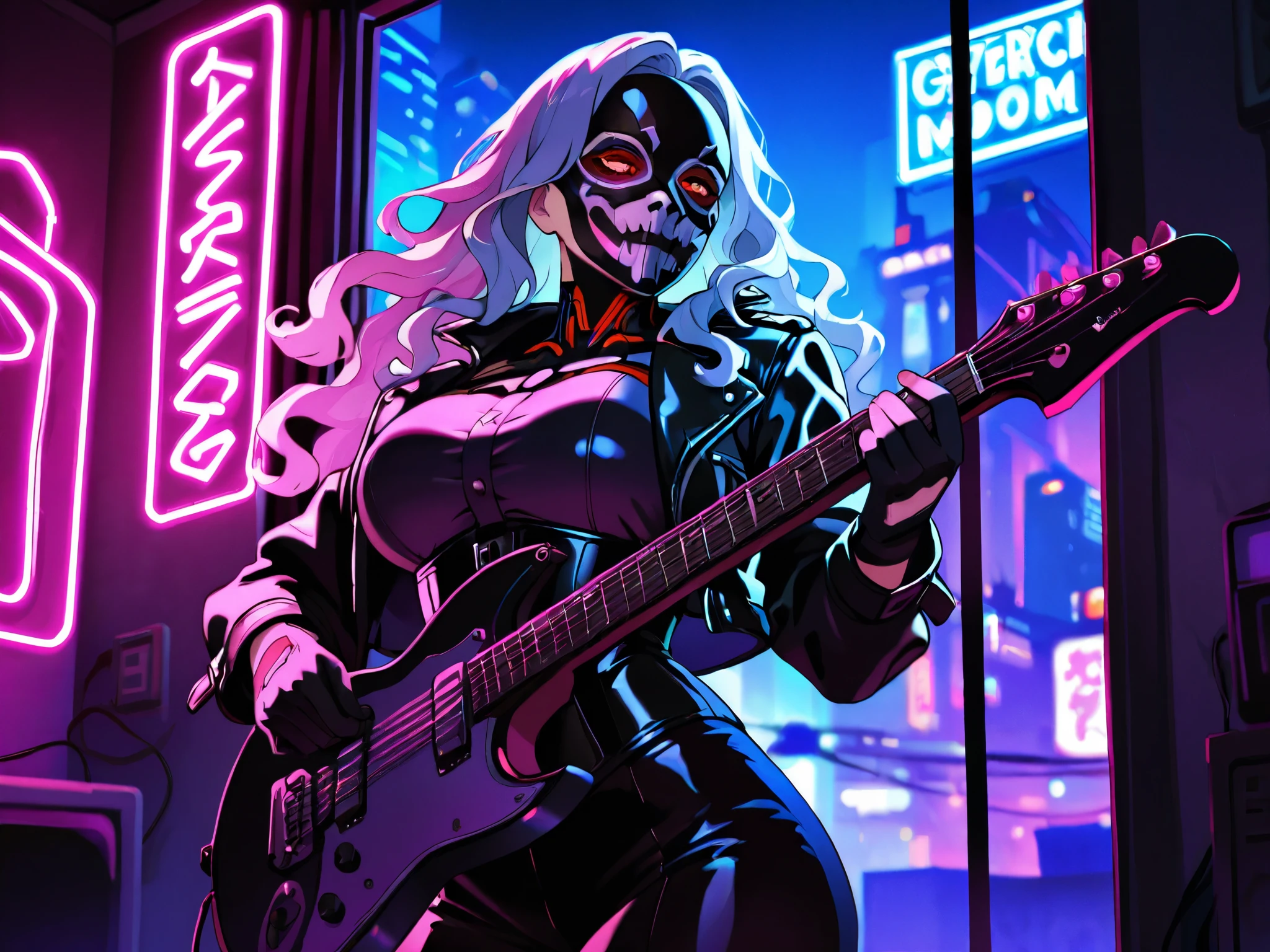 retrato, mysterious hispanic woman , short white wavy hair, curvy, Grimm mask that only covers the lower part of his face, dressed in a full corset and leather jacket, furiously playing an electric metal guitar in his room, Cyberpunk theme , Night scene, Neon lighting coming through the window