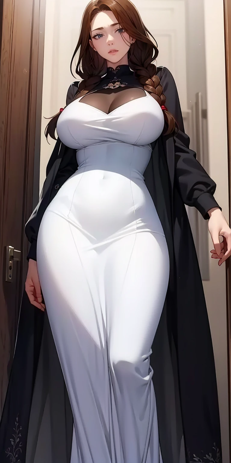 White bishop costume,robe,a matural female,voluptuous figure,tightsuit