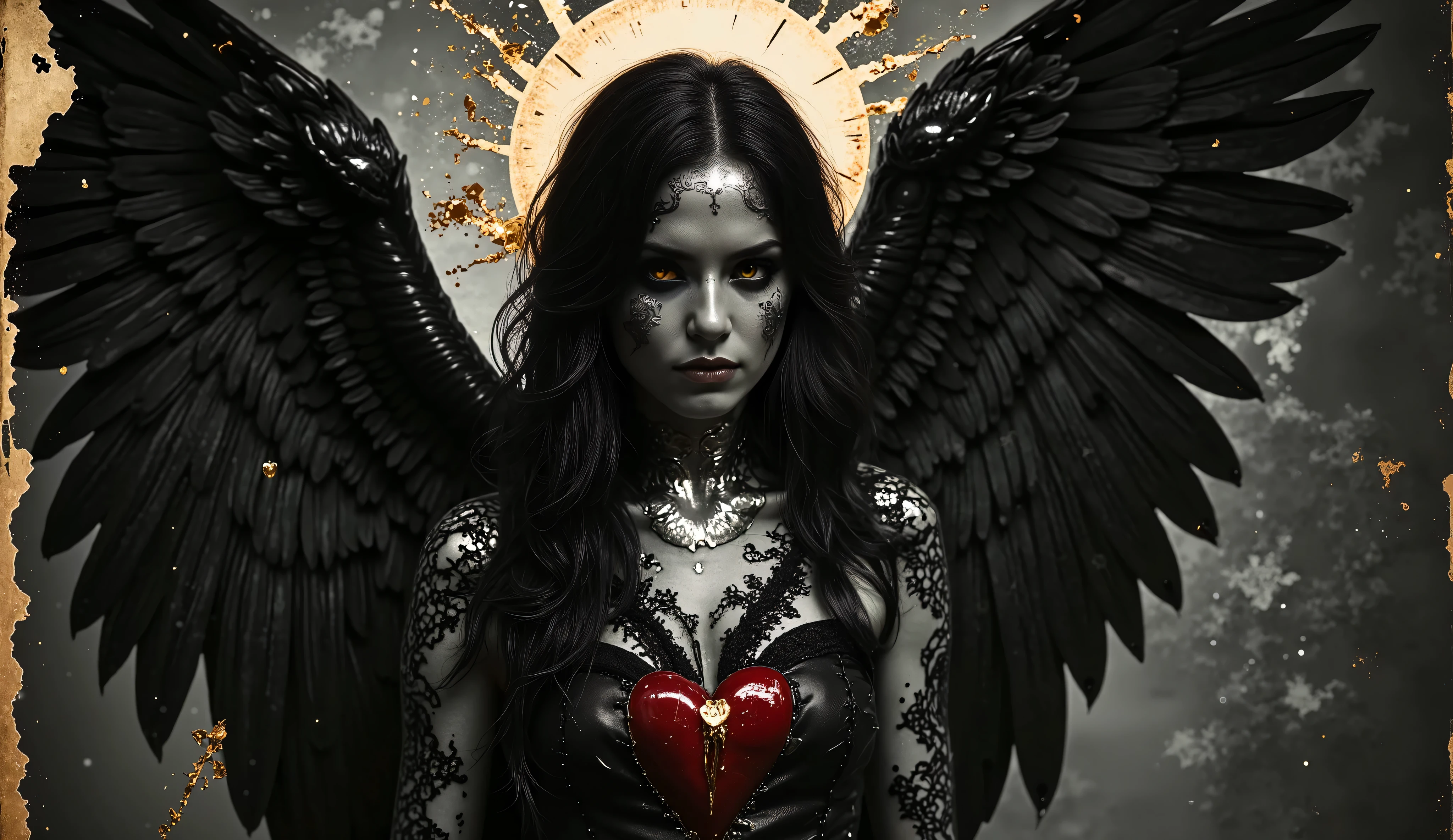 Darkness Falling, Great Famine, bleeding heart, silver and gold, black lace, golden eyes, vehemently passionate illustrated in a dark fantasy style, inspired by the haunting works of Gustave Doré. A sorrowful angel with golden eyes weeps as famine spreads beneath their wings, their bleeding heart dripping silver and gold, wrapped in flowing black lace. The color temperature is monochrome with splashes of gold, the expression is a mixture of pain and longing. The lighting is dramatic, casting deep shadows in a somber atmosphere. --v 5 --stylize 1000