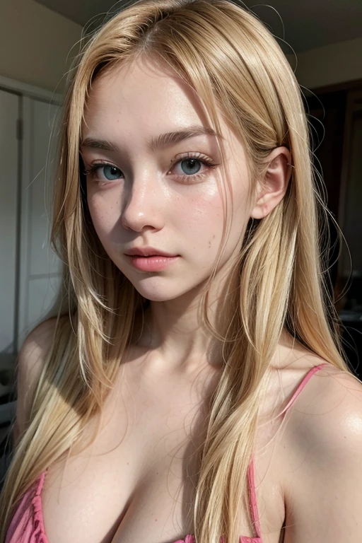 hyperrealistic  american teen, blonderfect tiny body, sexy, dark makeup, perfect slim face, big red lips, very cute face, tiny body, big eyes, young looking, childish looking, sexy pijama, two ponytails, big breasts
