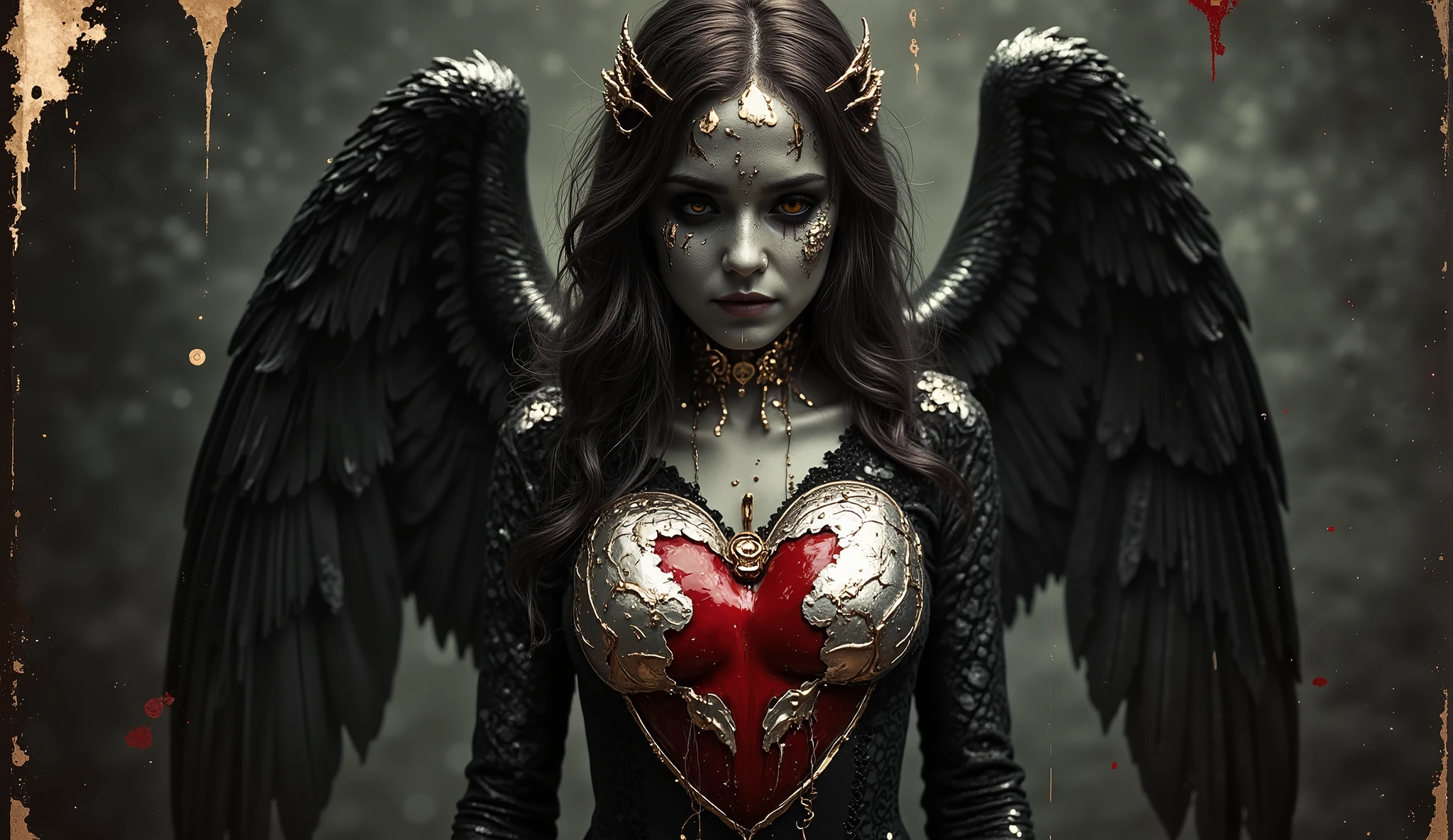 Darkness Falling, Great Famine, bleeding heart, silver and gold, black lace, golden eyes, vehemently passionate illustrated in a dark fantasy style, inspired by the haunting works of Gustave Doré. A sorrowful angel with golden eyes weeps as famine spreads beneath their wings, their bleeding heart dripping silver and gold, wrapped in flowing black lace. The color temperature is monochrome with splashes of gold, the expression is a mixture of pain and longing. The lighting is dramatic, casting deep shadows in a somber atmosphere. --v 5 --stylize 1000