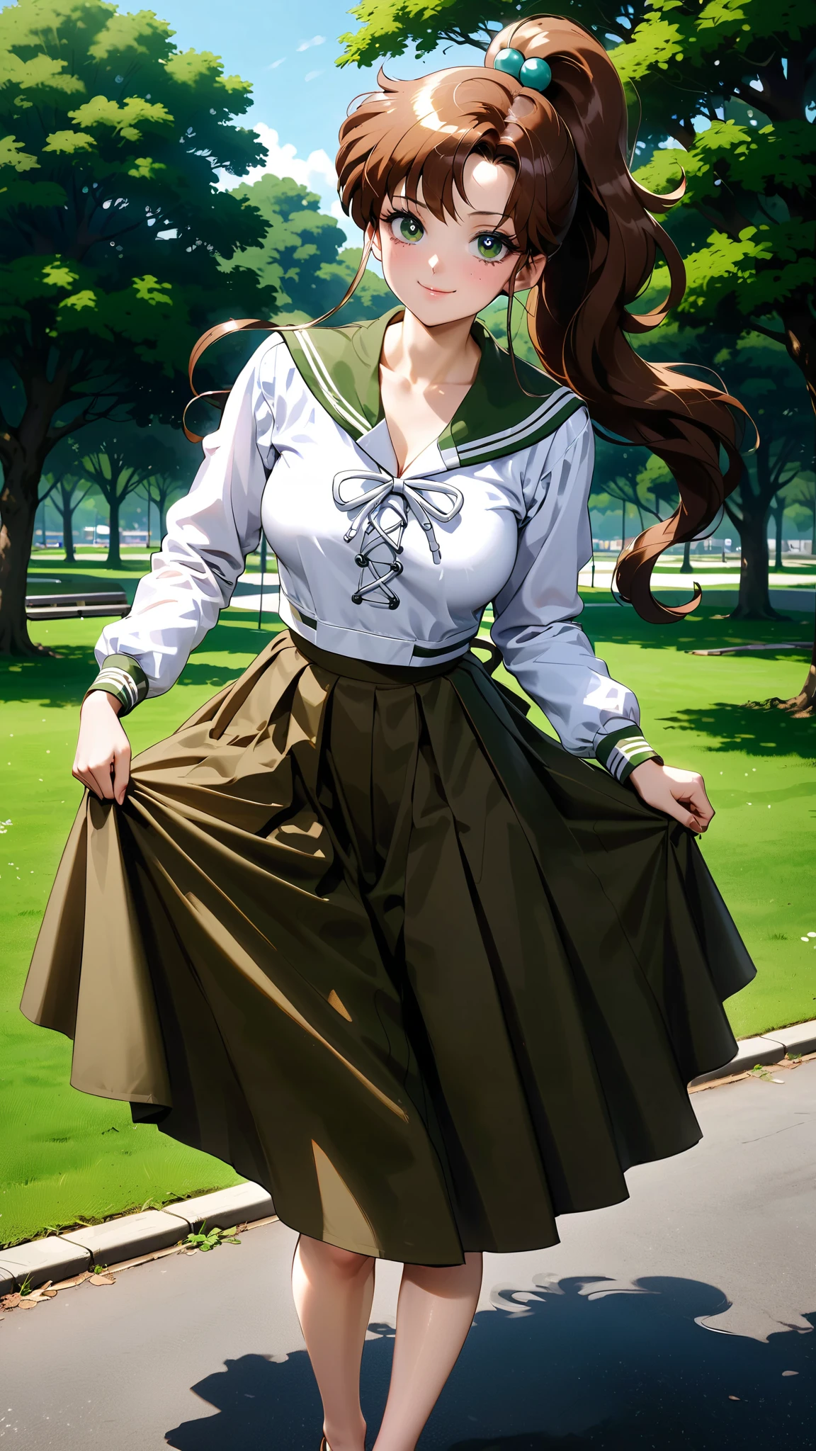 masterpiece, best quality, very aesthetic, ultra detailed), intricate details, solo, aajupiter, long hair, ponytail, hair bobbles, green eyes, serafuku, brown sailor collar, white shirt, long sleeves, long skirt, brown skirt, shiny skin, smile, posing full body, looking at viewer, outdoors, school park, perfect anatomy, smug