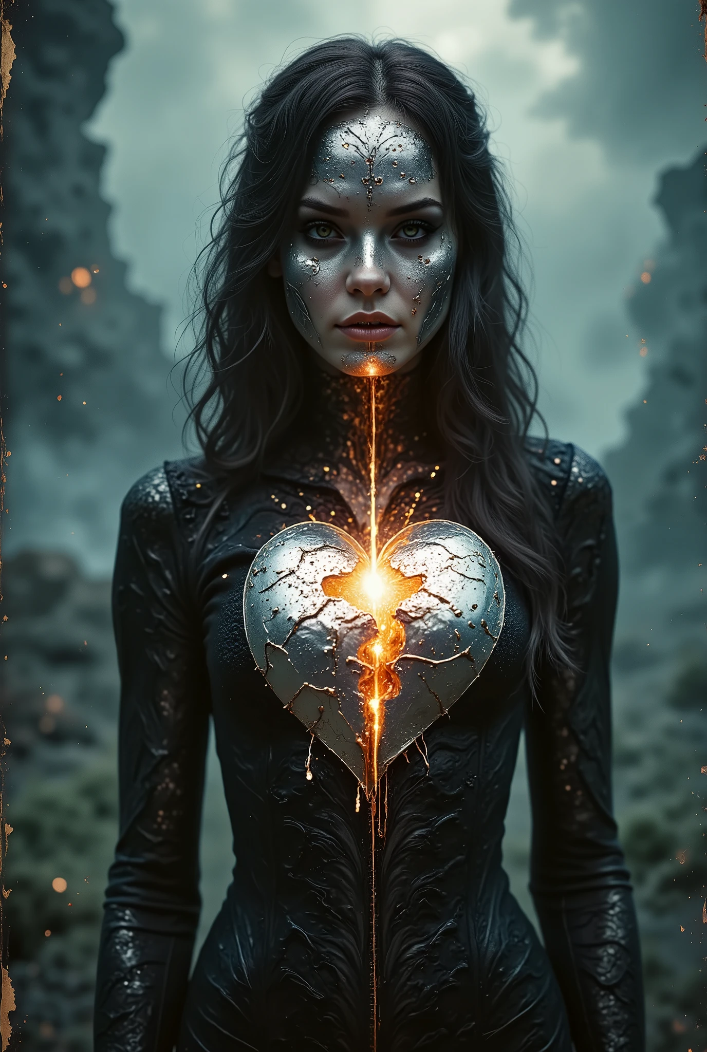 Darkness Falling, Great Famine, bleeding heart, silver and gold, black lace, golden eyes, vehemently passionate created in a high-fantasy digital illustration style, inspired by the ethereal work of Loish. A regal figure, their heart cracked open, pouring molten silver and gold, adorned in intricate black lace, stands against a stormy sky, golden eyes burning with unyielding determination. The color temperature is a rich mix of cool blues and fiery golds, the expression is intense and passionate. The lighting is dynamic, creating an atmosphere of epic sorrow and resilience. --v 5 --stylize 1000