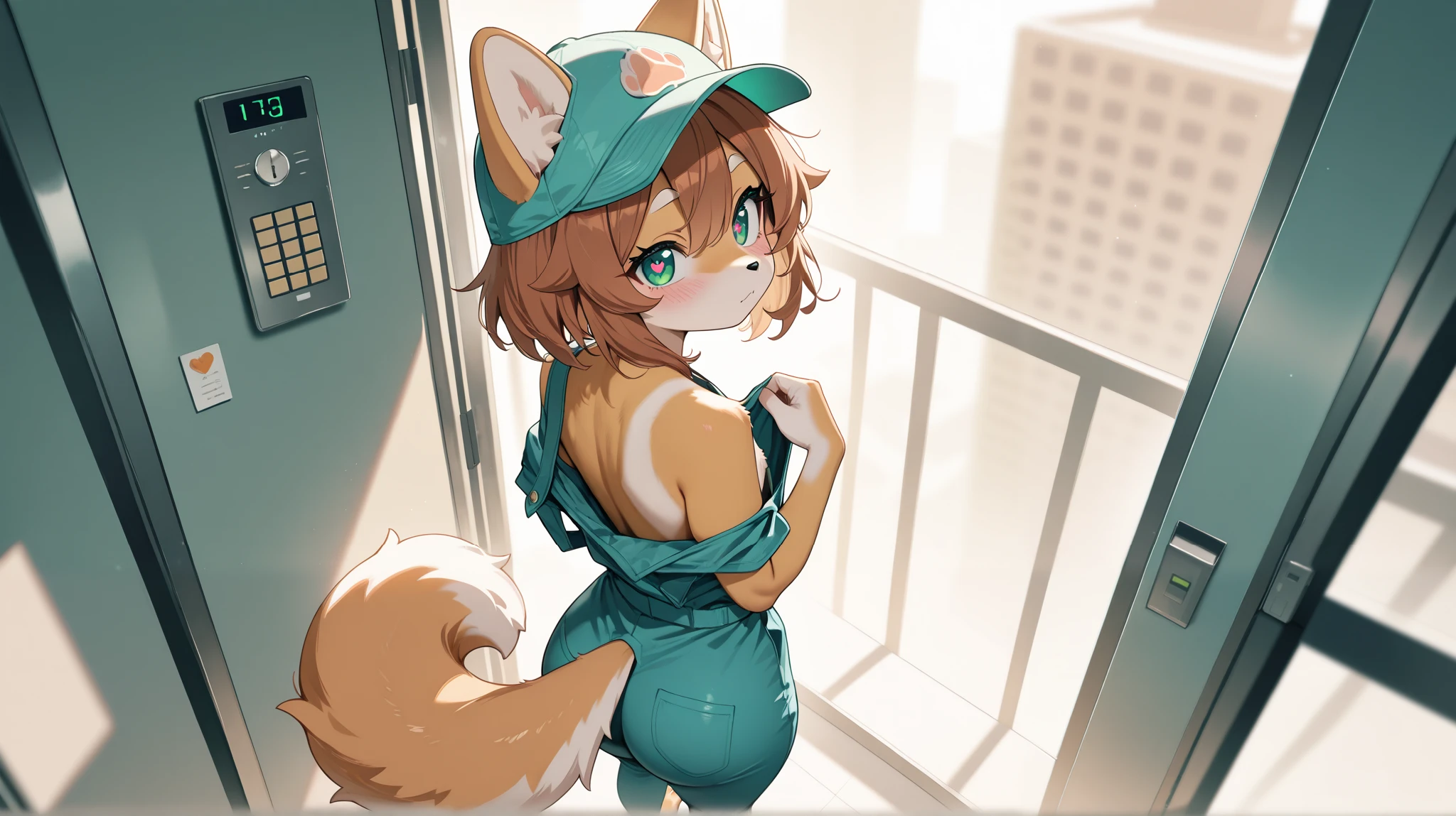 1 boy, solo, anthropomorphic, masterpiece, best quality, detailed eyes, detailed face, beautiful, curvy body, thick thighs, flat chest,looking at viewer, short height, from above, shiba furry, green eyes, pink pupils, heart pupils,
blush, exposed shoulders, brown hair, cute, adorable, turquoise jumpsuit and cap, janitor outfit, long eyelashes, femboy, fluffy tail, bare foot, paw pads, butt, from behind, lifted tail, stuck on elevator door,
in front of office building, crossed out door, foggy, morning, depth of field, bloom, soft lighting, best composition,