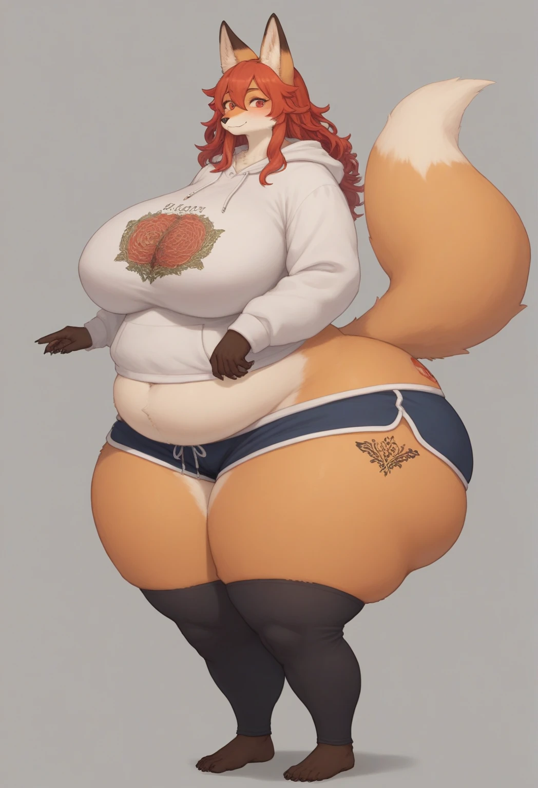 breathtaking oil painting, a female anthro fox in a cafe, furry, thicc, thick, thick thighs, chubby, wide hips, bottom-heavy, plump, wearing striped thig high socks, wearing thighs, flaired skirt, copper hair, long hair, wavy hair, fluffy, fox, blue eyes, smiling, fat, plump belly, tail, fox tail, bottomheavy, huge ass, massive thighs,, photorealistic oil painting, by charlie bowater, fine details, by wlop, trending on artstation, very detailed