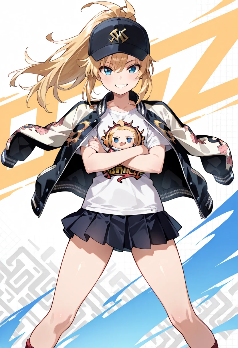 ((masterpiece, best quality, ultra detailed, high resolution, beautiful detailed face, beautiful detailed eyes, perfect hands)), (1 girl, solo), (blonde long hair, ponytail), (sukajan, souvenir jacket, print t-shirt, miniskirt), (sneakers, baseball cap), standing, crossed arms, legs apart, looking at viewer:1.3, (grin, light blush), (cowboy shot), (spray graphic art background)