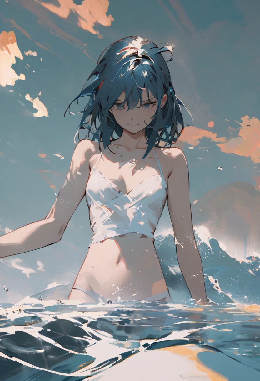 masterpiece, best quality, ultra high res, 1girl,nude, blue theme<lora:bluetheme_skywater:0.5>, sky, water,standing on water