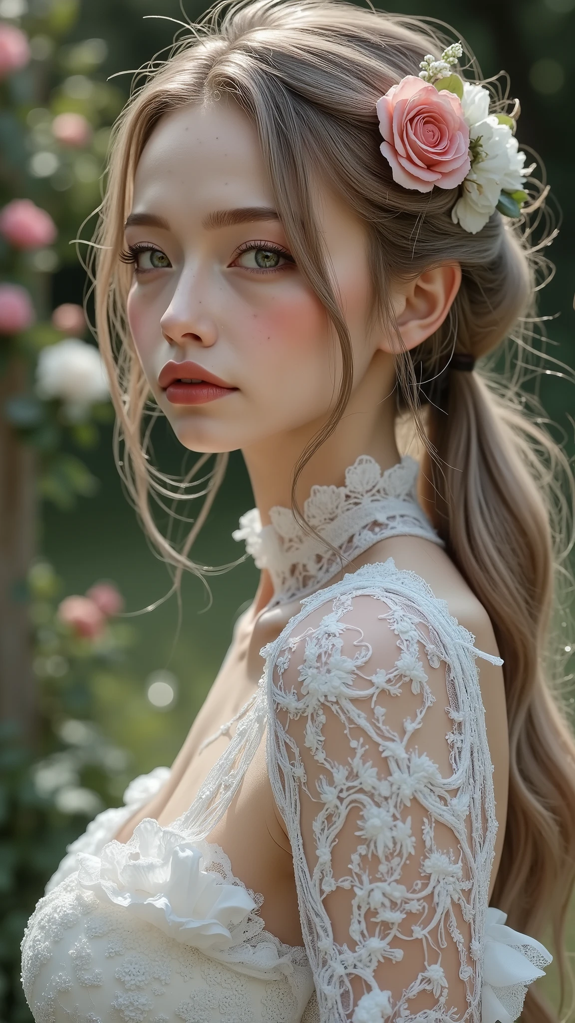 16k, masterpiece, realistic, ((Photorealistic realism)), Hyper high resolution, ((Hyper insanel quality, epice masterciece, intricately detailed digital art)), ((focus on extremely Realistic Proportion Body:1.3), "Portrait of a woman {wearing a Intricately detailed dress (a bold, feminine creation), standing in a garden}." side view, ((full body shot:1.25)), (ultra-realistic texture details: velvety skin, hair), ((sharp focus, no blurry eyes, Hyper absurd quality, Hyper details, Photorealistic green_eyes:1.4)), ((extra narrow eyebrows)), (Carefully draw Long blue_mascara:1.33), (perfect round eyes), (finely detailed pupils, (extremely fine details pupils)), detailed lips:1.3, (apply glossy red_lipstick:1.3), (perfect proportions:1.2), ((firm and full breasts:1.35)), (White tight Dress made of lace fishnet), [(Dolce & Gabbana, Floral style:1.26), (elegant fashion, intricate details:1.23), floral couture ((clothes made of silk and pink flower))], ((Wearing tight fitting dresses)), [Ruffled Black Gothic Punk Skirt(Intricately decorated, multi-layered lace with the addition of black spiderweb:1.3)], (white lace-up:1.3), Ultra intricate detailed,((she is the embodiment of beauty and allure, Dressed in a breathtaking and sophisticated floral bodysuit, elegant and sophisticated fashion:1.2)).,, dslr, high quality split lighting, sharp focus captured by Fujifilm XT3, f 5.6,(perfect composition),((look at the viewer)), HDR, UHD, studio lighting, physically-based rendering, vivid colors,