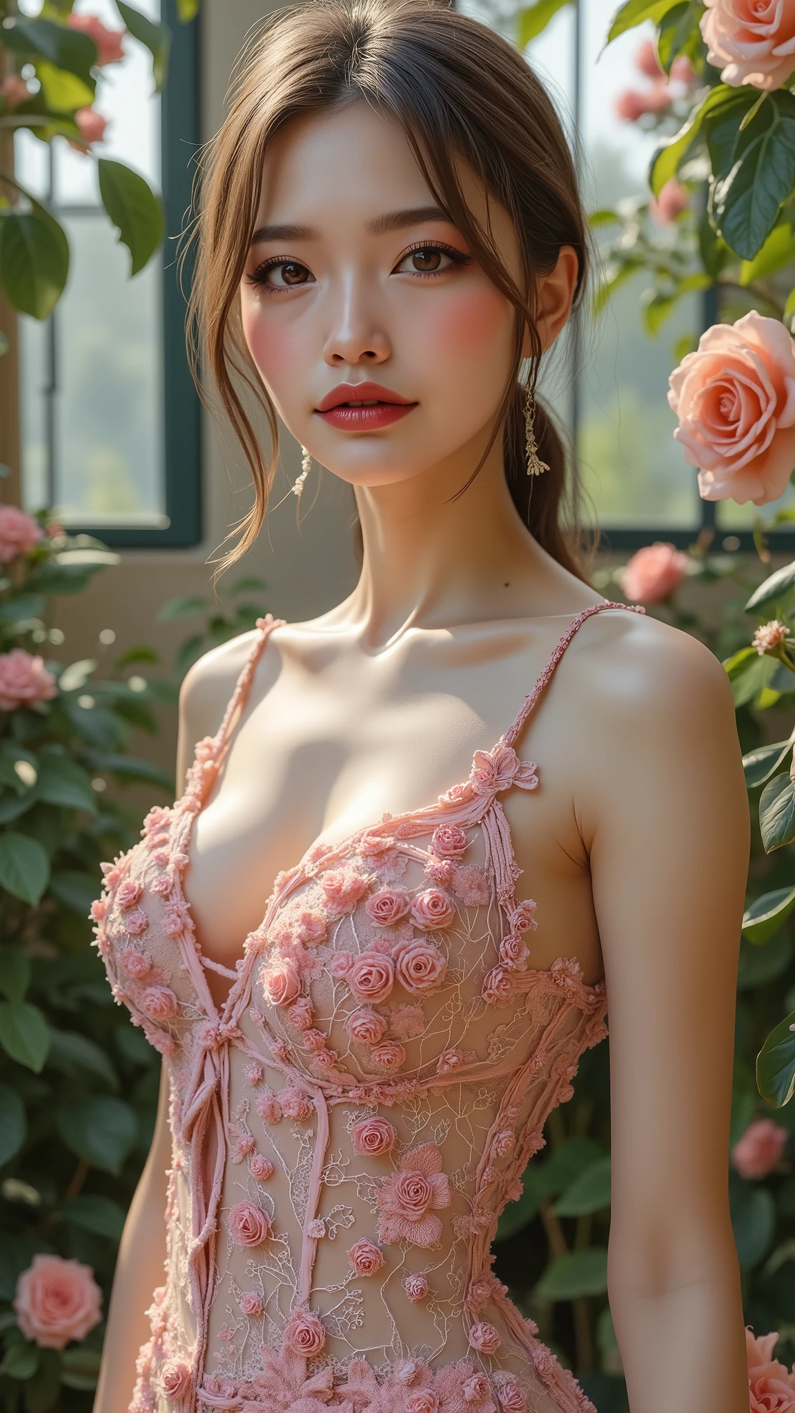 1girl, Amazing face and eyes, (extremely detailed beautiful face), smile slightly, (big round eyes), (Short white lace dress with open chest), (bare shoulders:1.3), (Hug your big breasts:1.3), (Best Quality:1.4), (Ultra-detailed), (Ultra realistic, photo-realistic:1.37), beautiful fair skin, extremely detailed CG unified 8k wallpaper, raw photos, professional photograpy, cinematic lighting, (pink rose garden:1.5), (Surrounded by so many pink rose:1.5), sitting, bench, Spread your legs wide open, panties, Inner thigh, Staring at me, fashionable, trendy, Clear skies,
