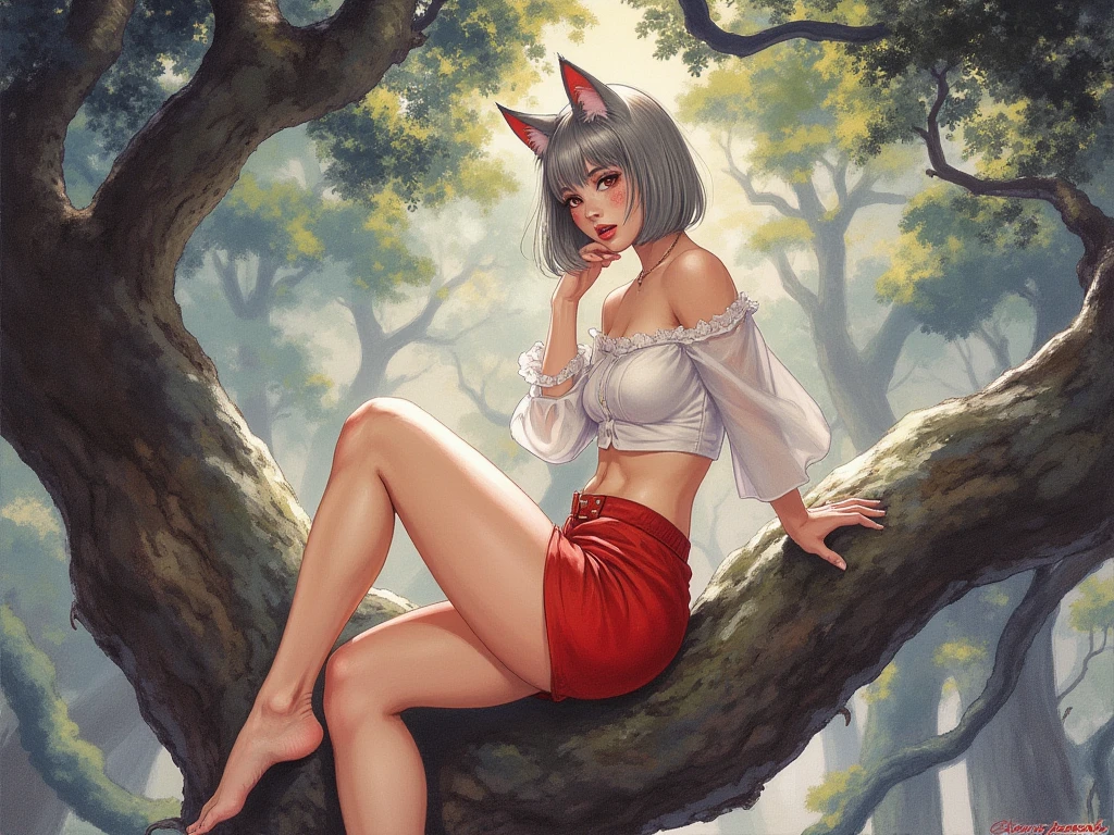 (((Ahri, Alice))) from alice_in_wonderland, ((loli)), (((kimono))), flat_chest, sexy, highest realism, photographic_detail, perfect_clarity, perfect_detail, nai4, warm_lighting, detailed_ambiance, ((perfect_flat_chest)), ((8k resolution)). ((ultra realistic by Jeremy Mann and Rembrandt)). ((natural lighting)).. perfect_detailed_makeup. ((small)). oiled skin. tanned skin. (waist chain). goth_choker. ((clever smirk)). fishnets. ((oak_forest)), ((drawn by kittew, sciamano240)) ((perfectly_sexy)), perfectly_gorgeous, rich_blacks_and_reds