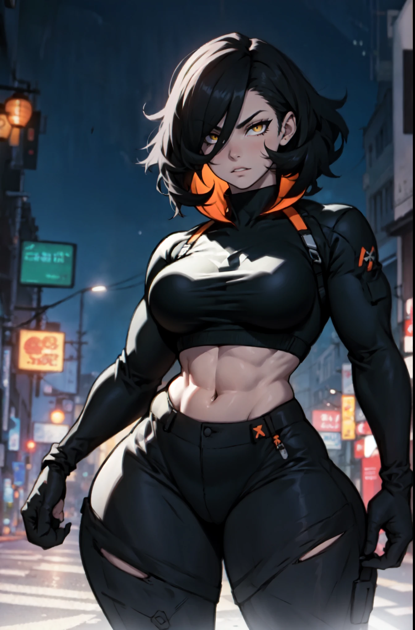 solo muscular thick thighs huge breasts black hair yellow eyes