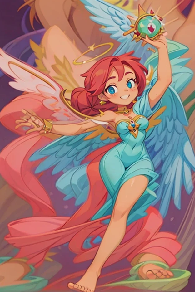 score_9,score_8_up,score_7_up,score_6_up,source_anime,<lora:Vanillaware_XL:1>,solo,1girl,petite,thin,flying,pose,full body,laughing,dark skin,red hair,multicolored hair,crown,blue eyes,large breasts,bare shoulders,corset,gold leather dress,night sky,night,cleavage,multicolored wings,