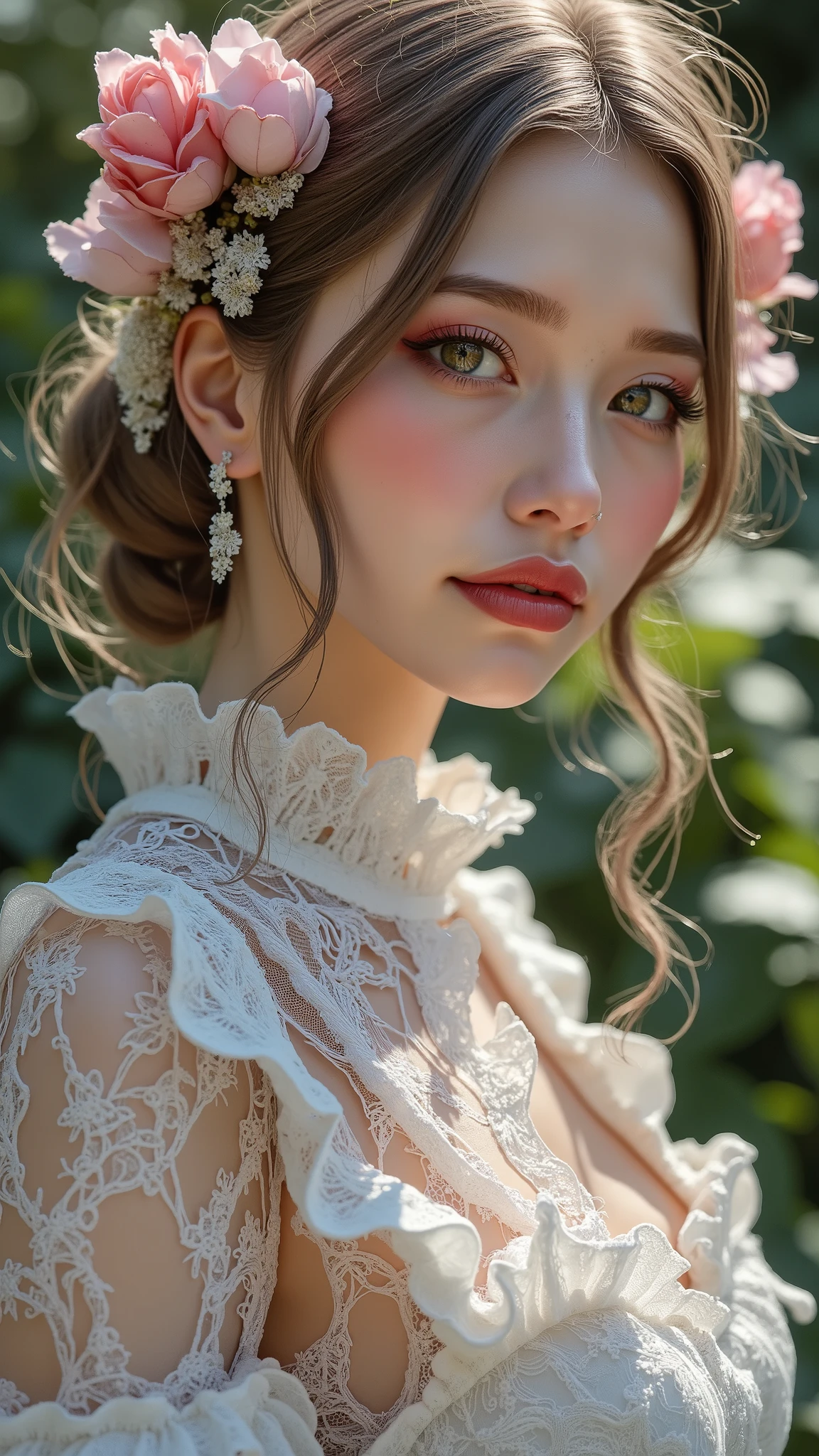 16k, masterpiece, realistic, ((Photorealistic realism)), Hyper high resolution, ((Hyper insanel quality, epice masterciece, intricately detailed digital art)), ((focus on extremely Realistic Proportion Body:1.3), "Portrait of a woman {wearing a Intricately detailed dress (a bold, feminine creation), standing in a garden}." side view, ((full body shot:1.25)), (ultra-realistic texture details: velvety skin, hair), ((sharp focus, no blurry eyes, Hyper absurd quality, Hyper details, Photorealistic green_eyes:1.4)), ((extra narrow eyebrows)), (Carefully draw Long blue_mascara:1.33), (perfect round eyes), (finely detailed pupils, (extremely fine details pupils)), detailed lips:1.3, (apply glossy red_lipstick:1.3), (perfect proportions:1.2), ((firm and full breasts:1.35)), (White tight Dress made of lace fishnet), [(Dolce & Gabbana, Floral style:1.26), (elegant fashion, intricate details:1.23), floral couture ((clothes made of silk and pink flower))], ((Wearing tight fitting dresses)), [Ruffled Black Gothic Punk Skirt(Intricately decorated, multi-layered lace with the addition of black spiderweb:1.3)], (white lace-up:1.3), Ultra intricate detailed,((she is the embodiment of beauty and allure, Dressed in a breathtaking and sophisticated floral bodysuit, elegant and sophisticated fashion:1.2)).,, dslr, high quality split lighting, sharp focus captured by Fujifilm XT3, f 5.6,(perfect composition),((look at the viewer)), HDR, UHD, studio lighting, physically-based rendering, vivid colors,