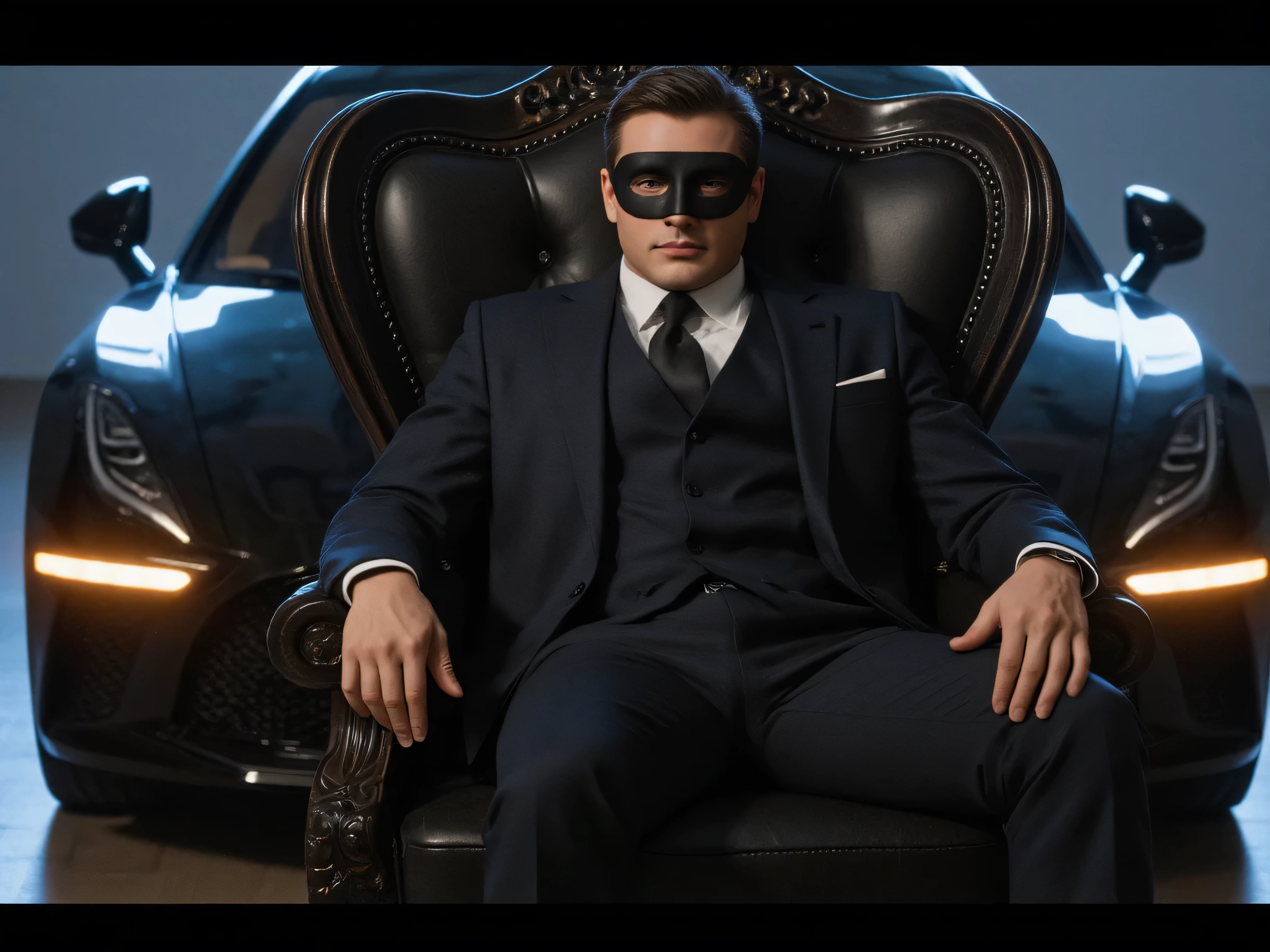 A luxury handsome man sitting on a king throne with black face mask on all his face, soft light from car , and behind him is a luxury car , focus not only on the man