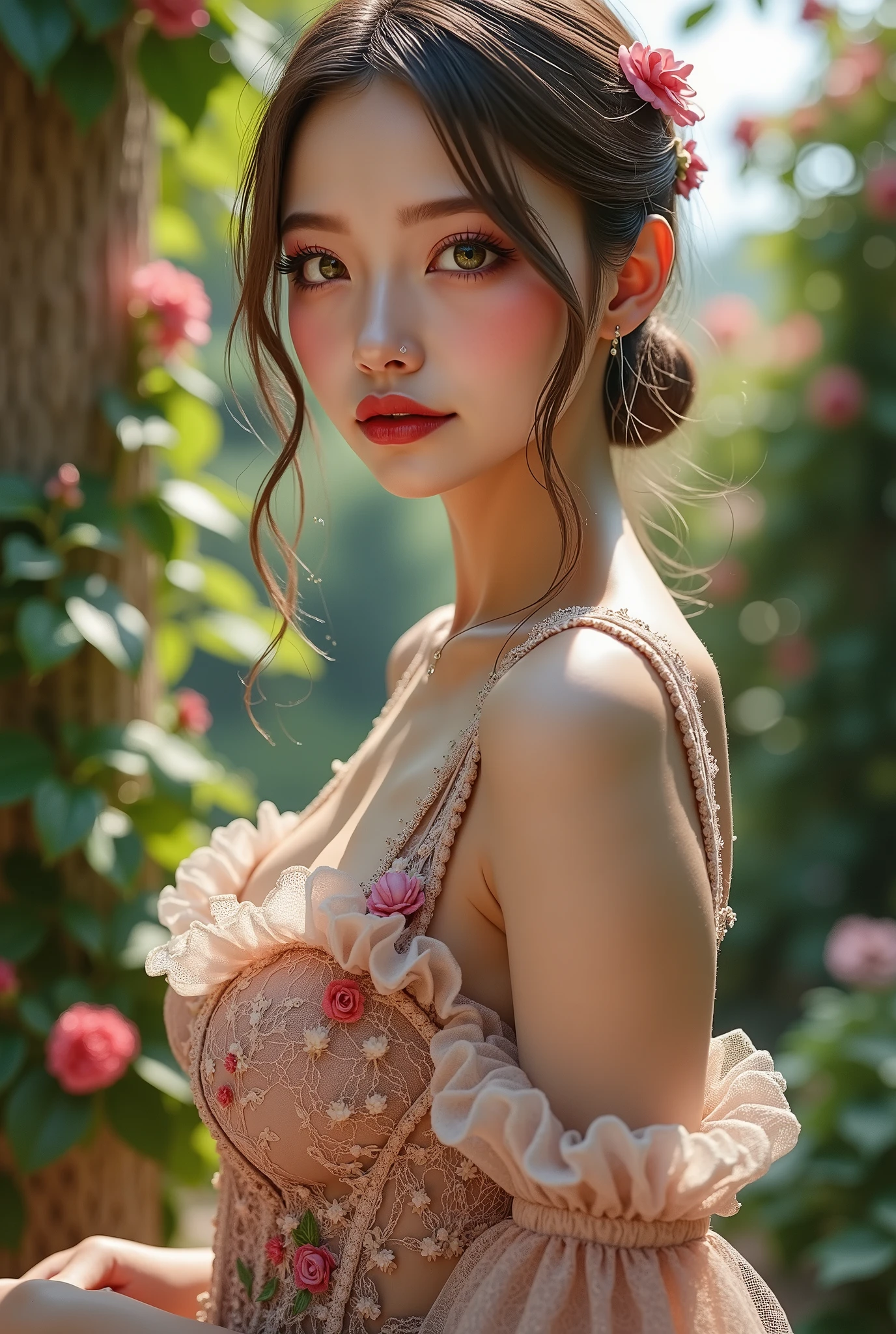 16k, masterpiece, realistic, ((Photorealistic realism)), Hyper high resolution, ((Hyper insanel quality, epice masterciece, intricately detailed digital art)), ((focus on extremely Realistic Proportion Body:1.3), "Portrait of a woman {wearing a Intricately detailed dress (a bold, feminine creation), standing in a garden}." side view, ((full body shot:1.25)), (ultra-realistic texture details: velvety skin, hair), ((sharp focus, no blurry eyes, Hyper absurd quality, Hyper details, Hyper realistic green_eyes:1.4)), ((extra narrow eyebrows)), (Carefully draw Long blue_mascara:1.23), (perfect round eyes), (finely detailed pupils, (extremely fine details pupils)), detailed lips:1.3, (apply glossy red_lipstick:1.3), (perfect proportions:1.2), ((firm and full breasts:1.35)), (White tight Dress made of lace fishnet), [(Dolce & Gabbana, Floral style:1.26), (elegant fashion, intricately detailed:1.28), floral couture, ((clothes made of silk and pink flower))], ((Wearing tight fitting dresses)), [Ruffled Black Gothic Punk Skirt ((Intricately decorated, multi-layered lace with the addition of black spiderweb:1.3))], ((white lace-up:1.3)), Ultra intricate detailed,((she is the embodiment of beauty and allure, Dressed in a breathtaking and sophisticated floral bodysuit, elegant and sophisticated fashion:1.2)). dslr, high quality split lighting, sharp focus captured by Fujifilm XT3, f 5.6,(perfect composition), ((look at the viewer)), HDR, UHD, studio lighting, physically-based rendering, vivid colors,