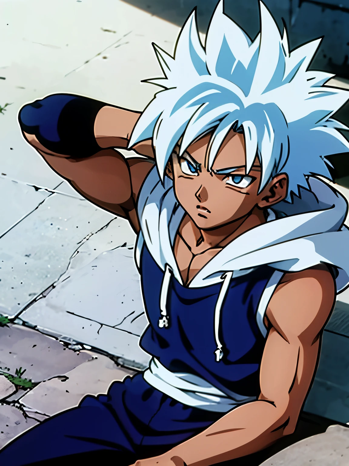  best quality image, anime style,  imagine a age man ,  that has dark skin , who has light blue eyes , snake eyes,  who has light blue hair,  with big, messy hair , Are you wearing a sleeveless hooded shirt.
