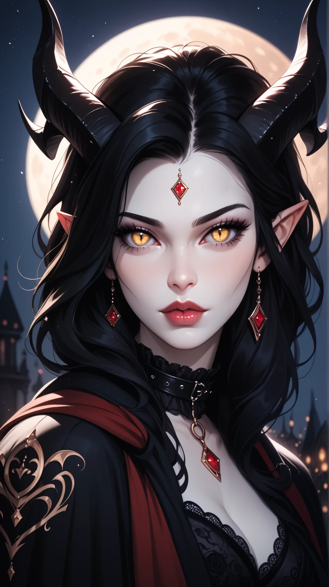 score_9, score_8_ upwards, score_7_ upwards, score_6_ upwards, score_5_ upwards, ((( beautiful , high quality))), looks towards , portrait, score_9, score_8_ upwards, score_7_ upwards, black sclera , slit p upwardsils, A tiefling, spider eyes , yellow eyes, white skin, black hair, dark background , blurred background, Gothic, posing, at night, realistic natural light , big , mantle, beautiful detailed lips , long eyelashes , good anatomy, seductive look, big thick black horns, collar, demon tail, dark fantasy, moon, 8 k, photorealistic