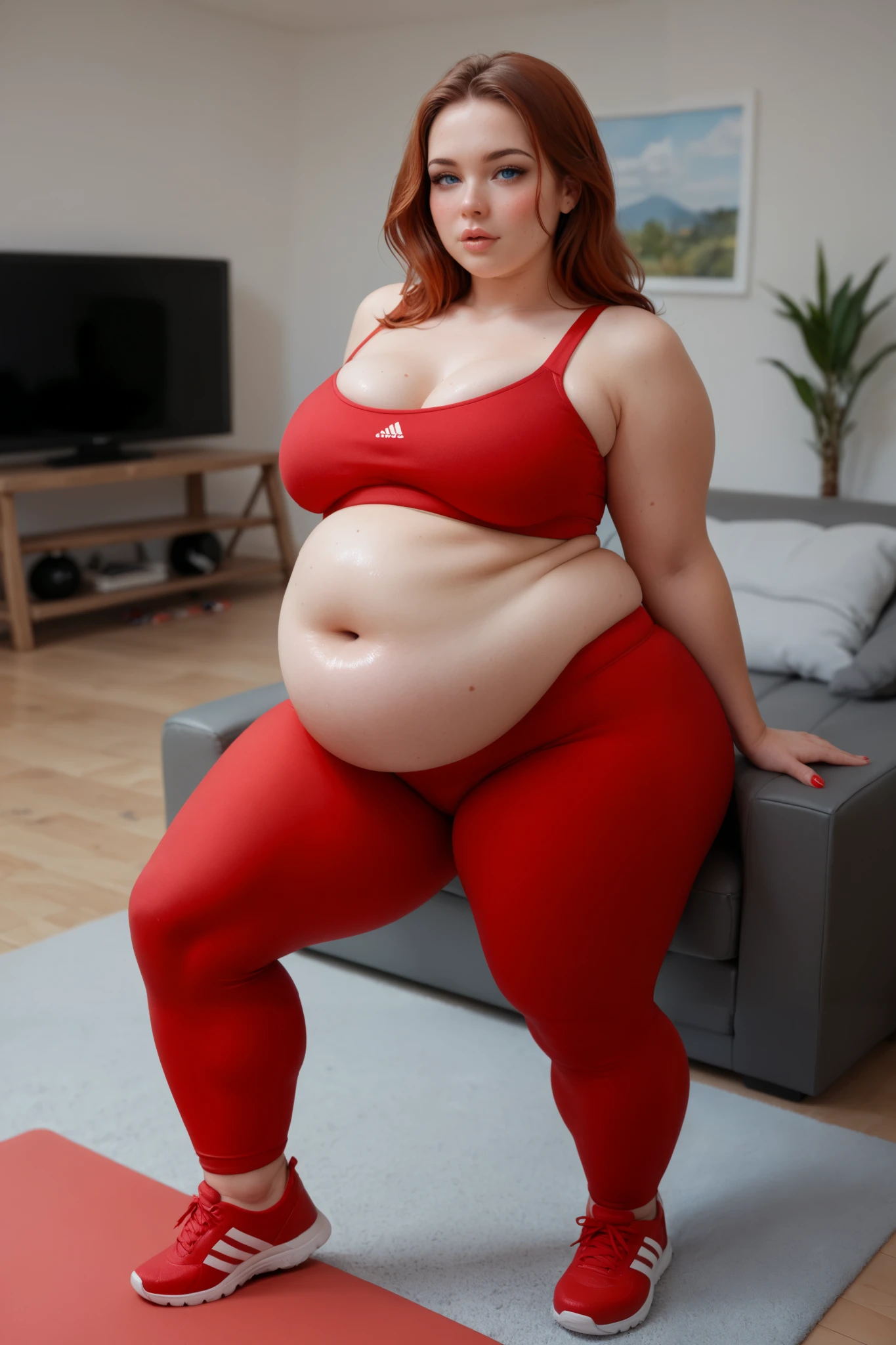 A happy photo of a young beautiful bottom heavy tradwife redhead ssbbw with pear-bodyhape, extreme wide hips, with short ginger hair soft fat belly, extremely wide fat obese hips, very obese legs, thick fat wide legs and fat arms, huge wide butt, cute pretty face, small breasts, blue eyes, freckles, in a long red dress and black stockings