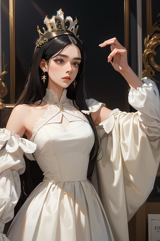 ( Masterpiece, High quality vaccines ), 1 , alone, (queen:1.15), black hair , Long Hair , cortina , dress with drawings by Dores Bodado Lilás, queen's Dress , Aurora, (sunlight, null, Rio, forest), inexpressive, red eyes, ( Art Nouveau :1.2), Alphonse Mucha, tiara, ( focus on the face, parte superior do corpo), (Red Throne:1.12), very intricate details , realistic light, smile, In love. Webtoon style and Manhwa . Emperor next to her , your emperor husband , a strong and attractive man., (( blue eyes)). high quality 4K, 6k.