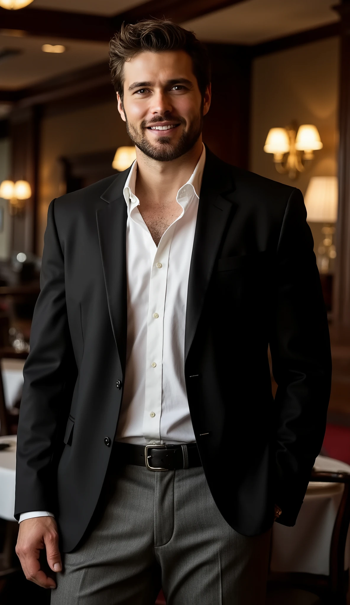 A cinematic portrait photograph of a tall, handsome man with chiseled facial features, piercing brown eyes, and a strong jawline, wearing a sleek black sports jacket with a subtle sheen, a crisp white dress shirt with a slim collar, and tailored gray trousers that break perfectly at his polished black leather dress shoes, standing confidently in a dimly lit, upscale restaurant with rich, dark wood accents and subtle ambient lighting, the atmosphere exuding sophistication and refinement, as he flashes a warm, genuine smile that subtly hints at his charming personality, cinematic photography.