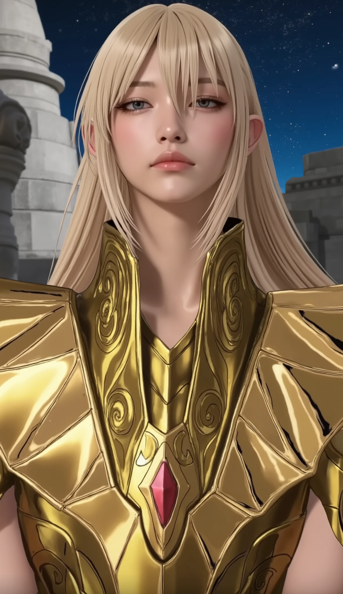 (Korean woman who cosplayed as Shaka from Virgo Balgo),(((( close my eyes )))), (((live-action))),((Photograph the whole body)),(Young face),(((Close your eyelids))),((Mole between the eyebrows)),(( blue eyes)),((Ancient Greek Temple )),(( shooting star, Milky Way)),(((Golden Shining Armor))),( perfect body),((Place your hands slightly apart and put them together)),( Soft Light on Your Face), shiny skin ,(( blonde long hair)),(( beautiful straight hair )), (8k, top quality , masterpiece:1.2, very knowledgeable about trends),(( anatomically correct, Ultra Detailed Skin )),