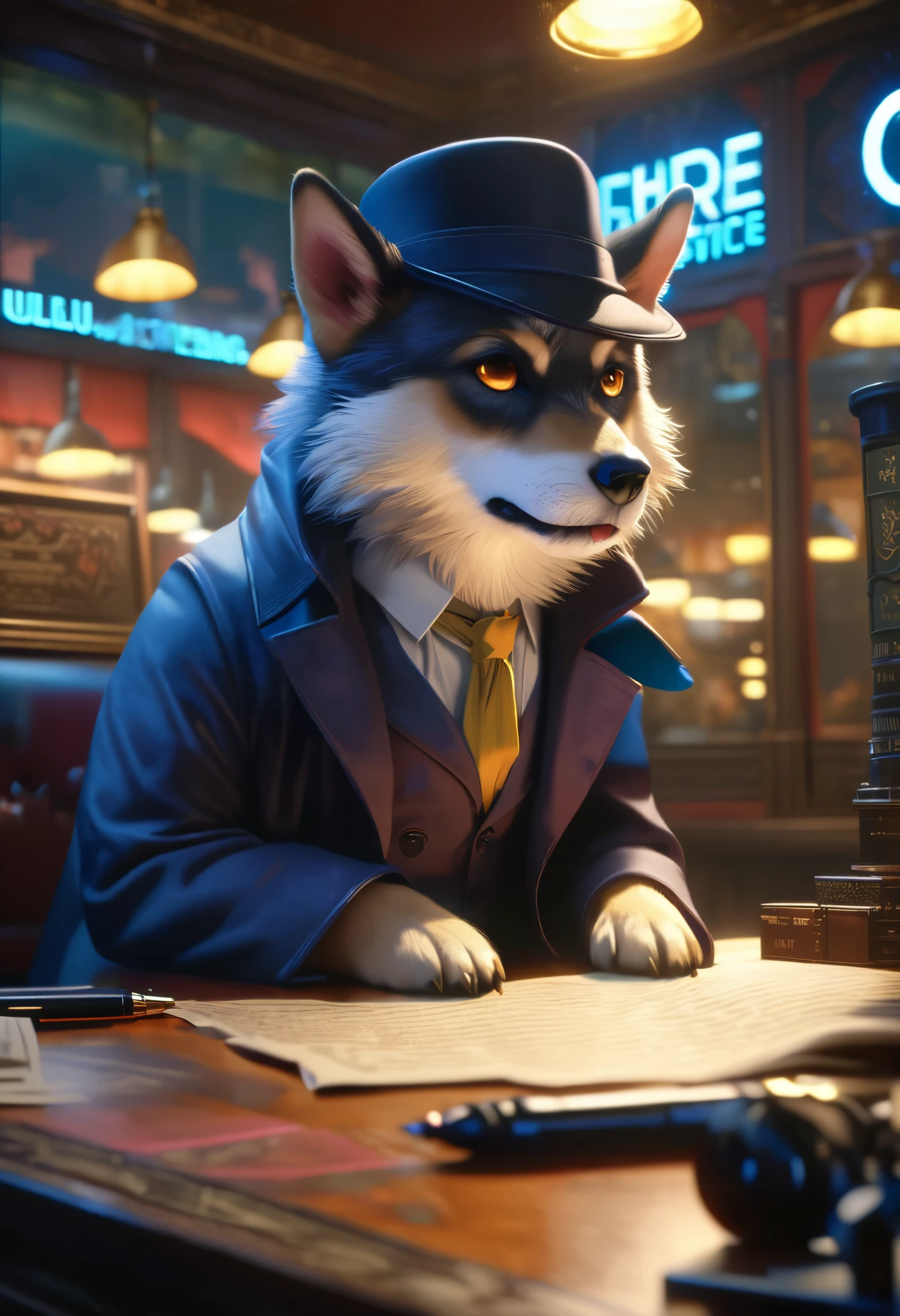 kemono , a dog, Alone, detective spy, a cool dog with real fur, Detective Costume, Searching for evidence, 0__11Xx _ illu, Written with an illumination pen, cinematic lighting, vibrant colors, intricate background details, (Highest Quality, 4K, 8k, High Resolution, Masterpiece: 1.2), Ultra-detailed, (realistic, photorealistic, photorealistic: 1.37), Cinematic composition, dramatic lighting, Warm tonal palette , Cool and clever detective spy, kemono with detailed fur,