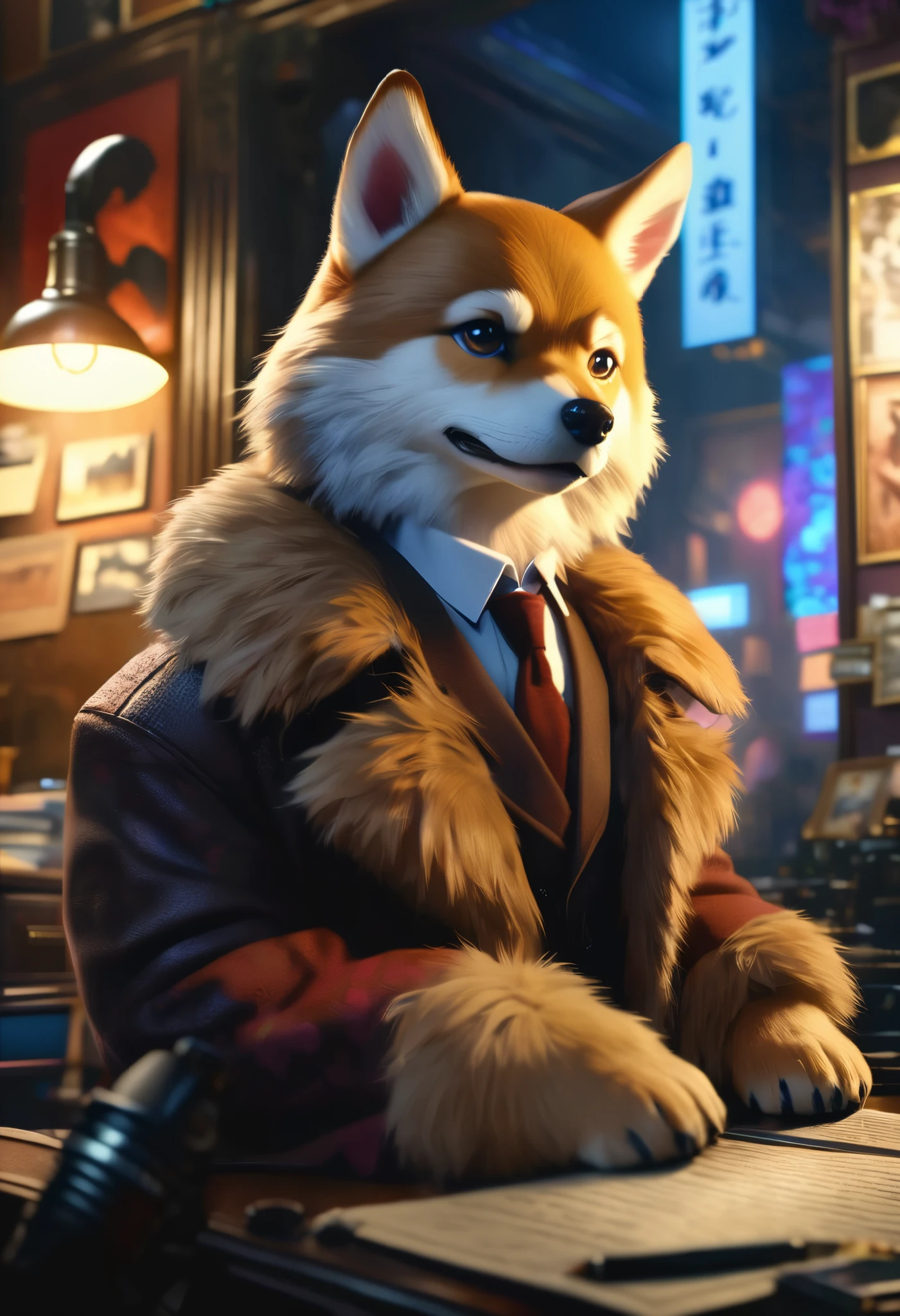 kemono , a dog, Alone, detective spy, a cool dog with real fur, Detective Costume, Searching for evidence, 0__11Xx _ illu, Written with an illumination pen, cinematic lighting, vibrant colors, intricate background details, (Highest Quality, 4K, 8k, High Resolution, Masterpiece: 1.2), Ultra-detailed, (realistic,  photorealistic,  photorealistic: 1.37), Cinematic composition, dramatic lighting, Warm tonal palette , Cool and clever detective spy, kemono  with detailed fur,  