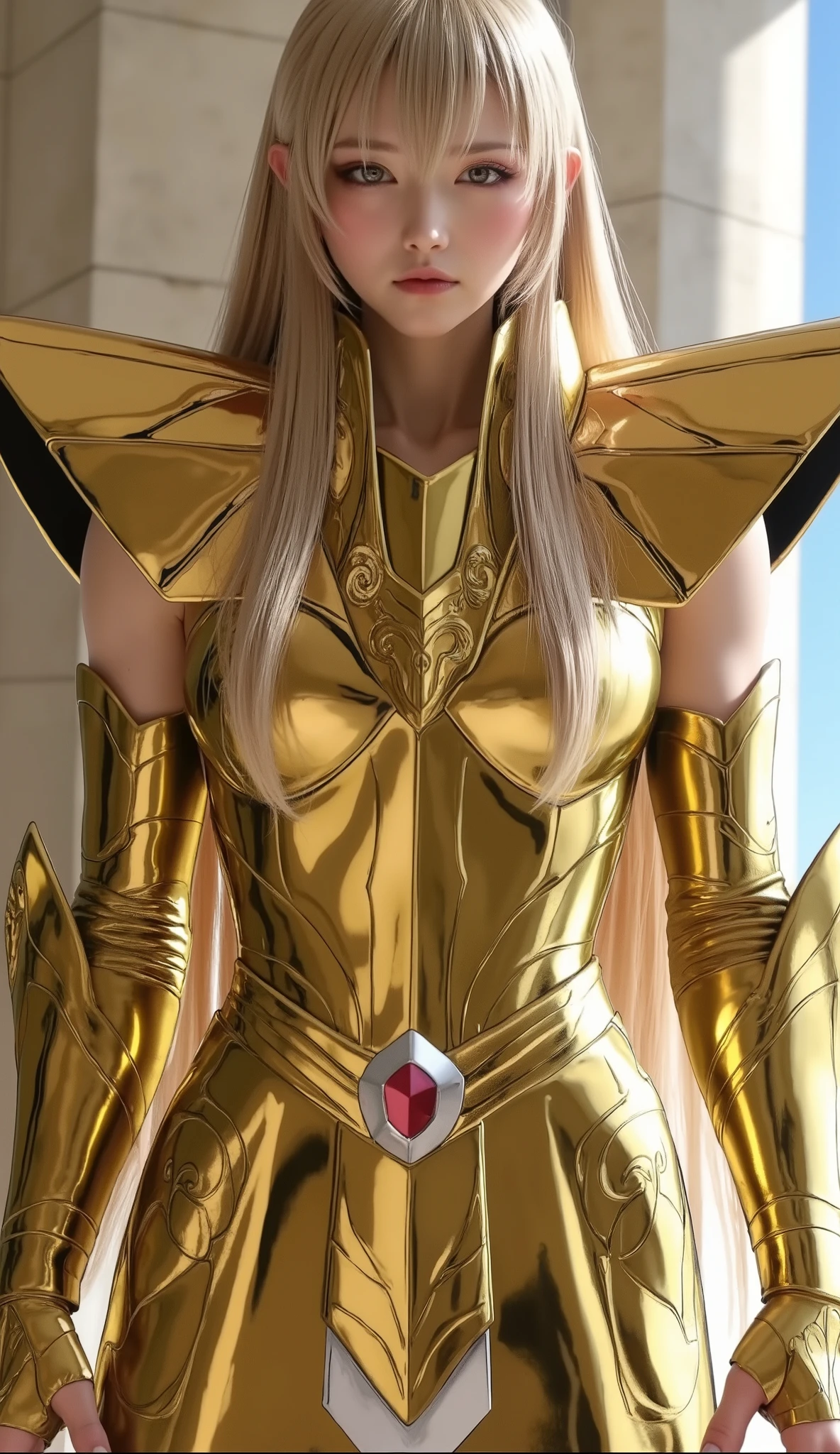 (Korean woman who cosplayed as Shaka from Virgo Balgo),((((  close my eyes )))), (((live-action))),((Photograph the whole body)),(Young face),(((Close your eyelids))),((Mole between the eyebrows)),(( blue eyes)),((Ancient Greek Temple )),(( shooting star, Milky Way)),(((Golden Shining Armor))),( perfect body),((Place your hands slightly apart and put them together)),( Soft Light on Your Face), shiny skin ,(( blonde long hair)),(( beautiful straight hair )), (8k,  top quality ,  masterpiece:1.2,  very knowledgeable about trends),(( anatomically correct,  Ultra Detailed Skin  )), 