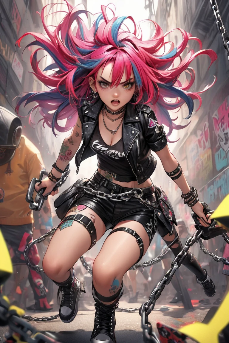 cute punk rocker, chain-wielding girl, rocking a chaotic, rebellious vibe, with streaks of vibrant hair and leather outfit.