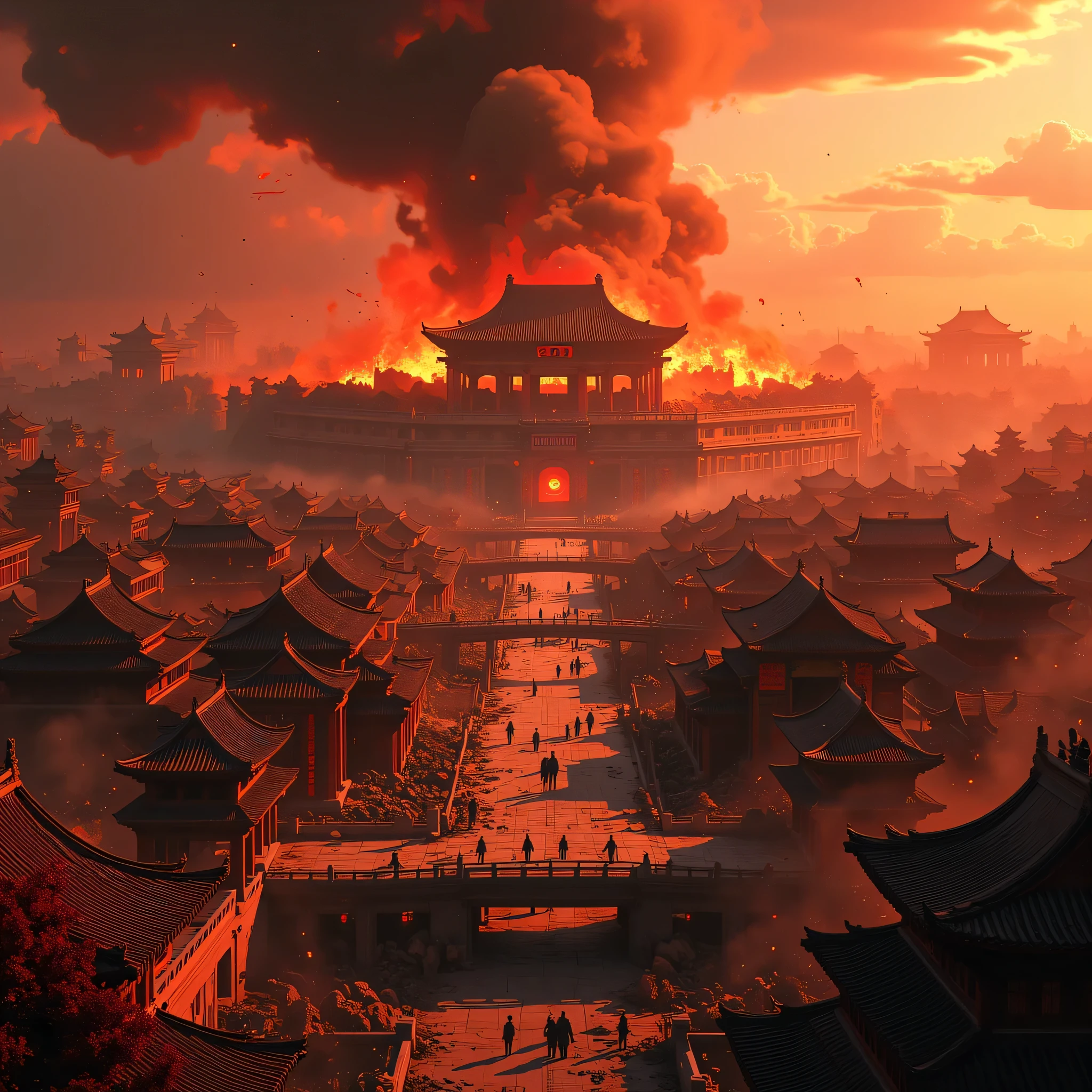 (CG footage with extreme detail, Chinese village, ruins fire and regret, crystal clear, moving shot, ruins, fire, gunsmoke, broken debris, smoke, looking up, close-up.)