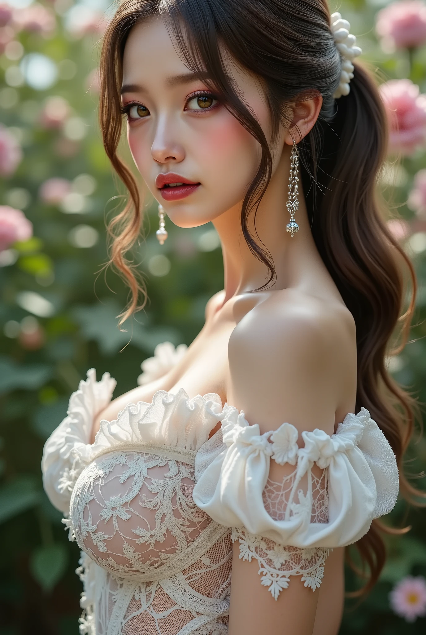 16k, masterpiece, realistic, ((Photorealistic realism)), Hyper high resolution, ((Hyper insanel quality, epice masterciece, intricately detailed digital art)), ((focus on extremely Realistic Proportion Body:1.3), "Portrait of a woman {wearing a Intricately detailed dress (a bold, feminine creation), standing in a garden}." side view, ((full body shot:1.25)), (ultra-realistic texture details: velvety skin, hair), ((sharp focus, no blurry eyes, Hyper absurd quality, Hyper details, Hyper realistic green_eyes:1.4)), ((extra narrow eyebrows)), (Carefully draw Long blue_mascara:1.23), (perfect round eyes), (finely detailed pupils, (extremely fine details pupils)), detailed lips:1.3, (apply glossy red_lipstick:1.3), (perfect proportions:1.2), ((firm and full breasts:1.35)), (White tight Dress made of lace fishnet), [(Dolce & Gabbana, Floral style:1.26), (elegant fashion, intricately detailed:1.28), floral couture, ((clothes made of silk and pink flower))], ((Wearing tight fitting dresses)), [Ruffled Black Gothic Punk Skirt ((Intricately decorated, multi-layered lace with the addition of black spiderweb:1.3))], ((white lace-up:1.3)), Ultra intricate detailed,((she is the embodiment of beauty and allure, Dressed in a breathtaking and sophisticated floral bodysuit, elegant and sophisticated fashion:1.2)). dslr, high quality split lighting, sharp focus captured by Fujifilm XT3, f 5.6,(perfect composition), ((look at the viewer)), HDR, UHD, studio lighting, physically-based rendering, vivid colors,