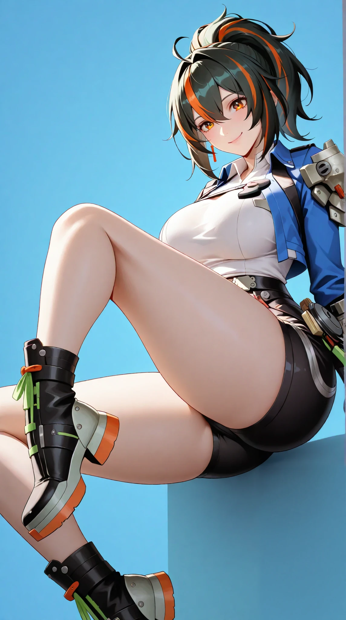 zhu yuan,smile,ponytail streaked hair,stand up,full body,black shorts,white shirt,sexy legs,perfect body,large breasts,soft light, high detailed, best quality,upper body,blue plain background ,blue background
