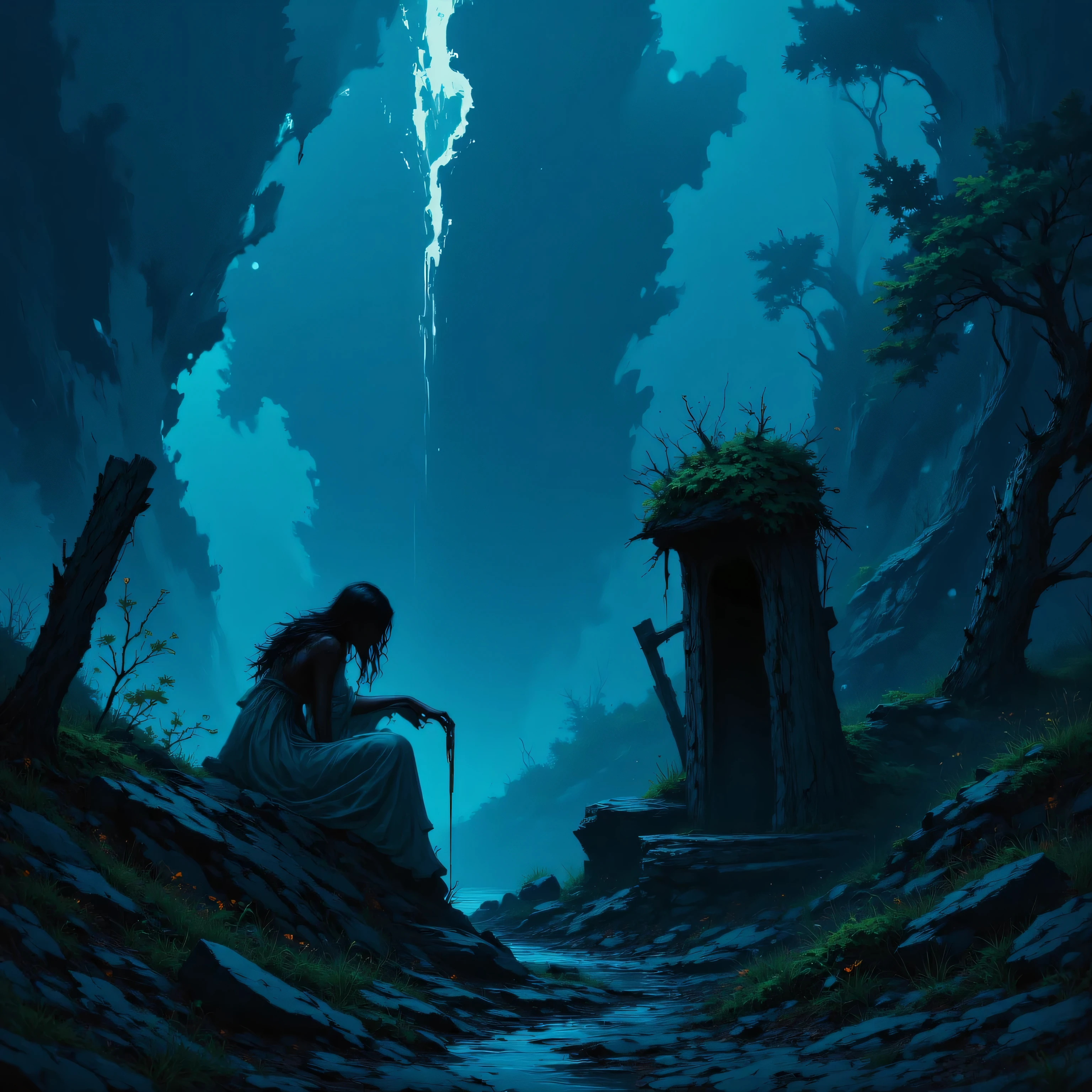 A silhouette of a pale woman with long dark wavy hair and a pure white dress, sitting on a rock, looking up, next to a (water well), handing water to a standing man, ((faces are in shadow)), thick mist, ((((deep dark sapphire blue color)))), at night, darkness, shadow, masterpiece, digitalart, painting, split complementary palette, muted, monochromatic, achromatic, (cinematic artistic composition), best quality, (ancient feel), philosophy
