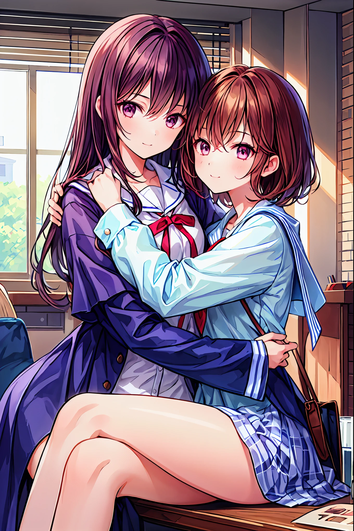 (((2girls))), together, Duo,  masterpiece,  top quality,  integrated landscape, Integrated Background,  very delicate and beautiful,  Details, Good composition,  closed _eye,  cute face ,  Perfect Face,  perfect hand, nail,  Sakura Miko, Sakura Miko, hoshimachiSuisei,  Hoshimachi Suisei,  blurry background, sunlight,  light brush, ((School)),  upper body,  We can see each other  , smile, , ( hugging),in_School,sunlight, Kissing , happy, Hair， shortcuts， unkempt hair with an opening，Short braided hair，Neat， slender beautiful woman， correct posture，Small chest， beautiful legs，魅惑的なグレーブルーのeyeは星のように輝いている，垂れeye， bright colors,美しいeye,繊細なsmile,Textured Skin, Best Quality at its Best , gentle and beautiful woman , anime style､