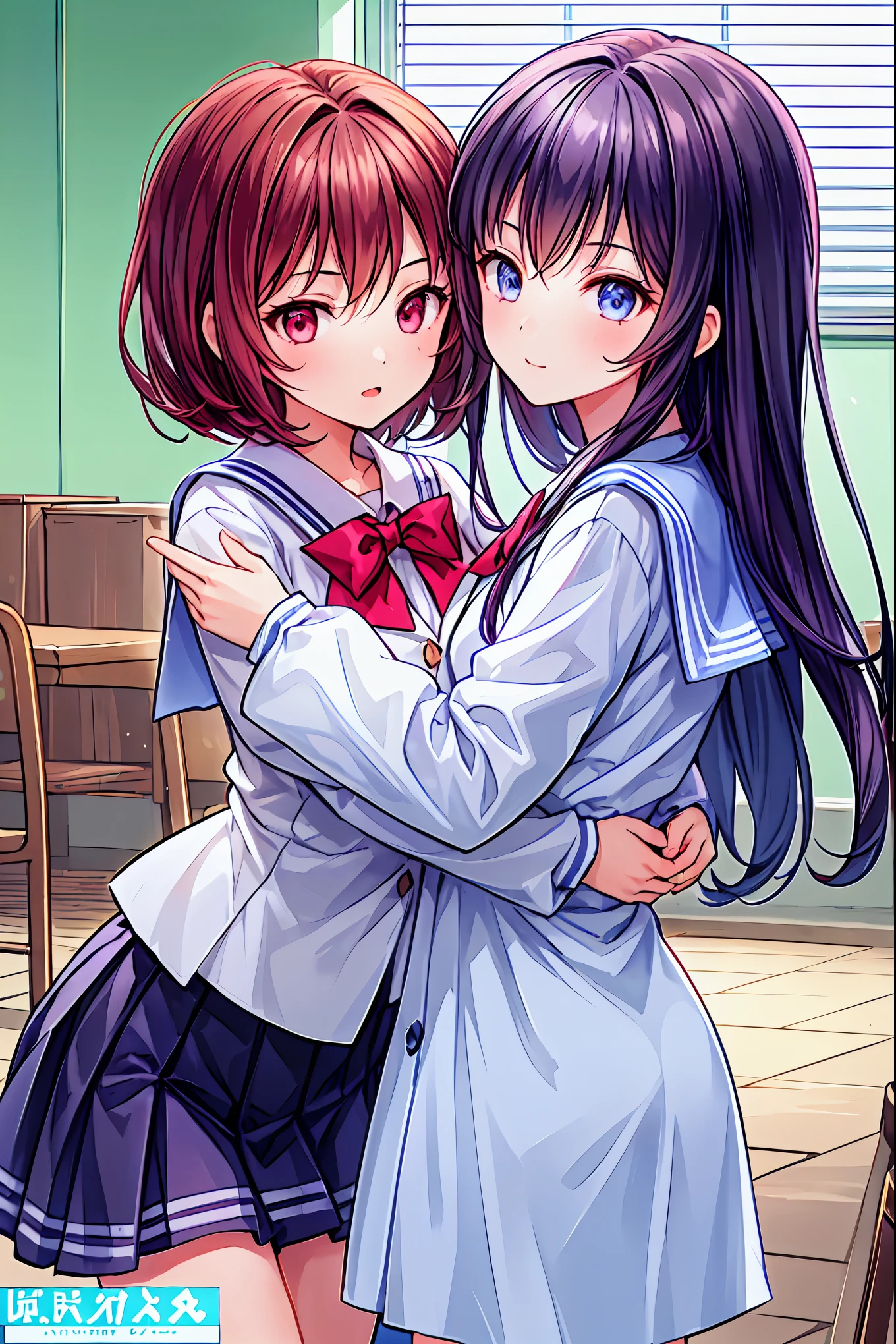 (((2girls))), together, Duo,  masterpiece,  top quality,  integrated landscape, Integrated Background,  very delicate and beautiful,  Details, Good composition,  closed _eye,  cute face ,  Perfect Face,  perfect hand, nail,  Sakura Miko, Sakura Miko, hoshimachiSuisei,  Hoshimachi Suisei,  blurry background, sunlight,  light brush, ((School)),  upper body,  We can see each other  , smile, , ( hugging),in_School,sunlight, Kissing , happy, Hair， shortcuts， unkempt hair with an opening，Short braided hair，Neat， slender beautiful woman， correct posture，Small chest， beautiful legs，魅惑的なグレーブルーのeyeは星のように輝いている，垂れeye， bright colors,美しいeye,繊細なsmile,Textured Skin, Best Quality at its Best , gentle and beautiful woman , anime style､