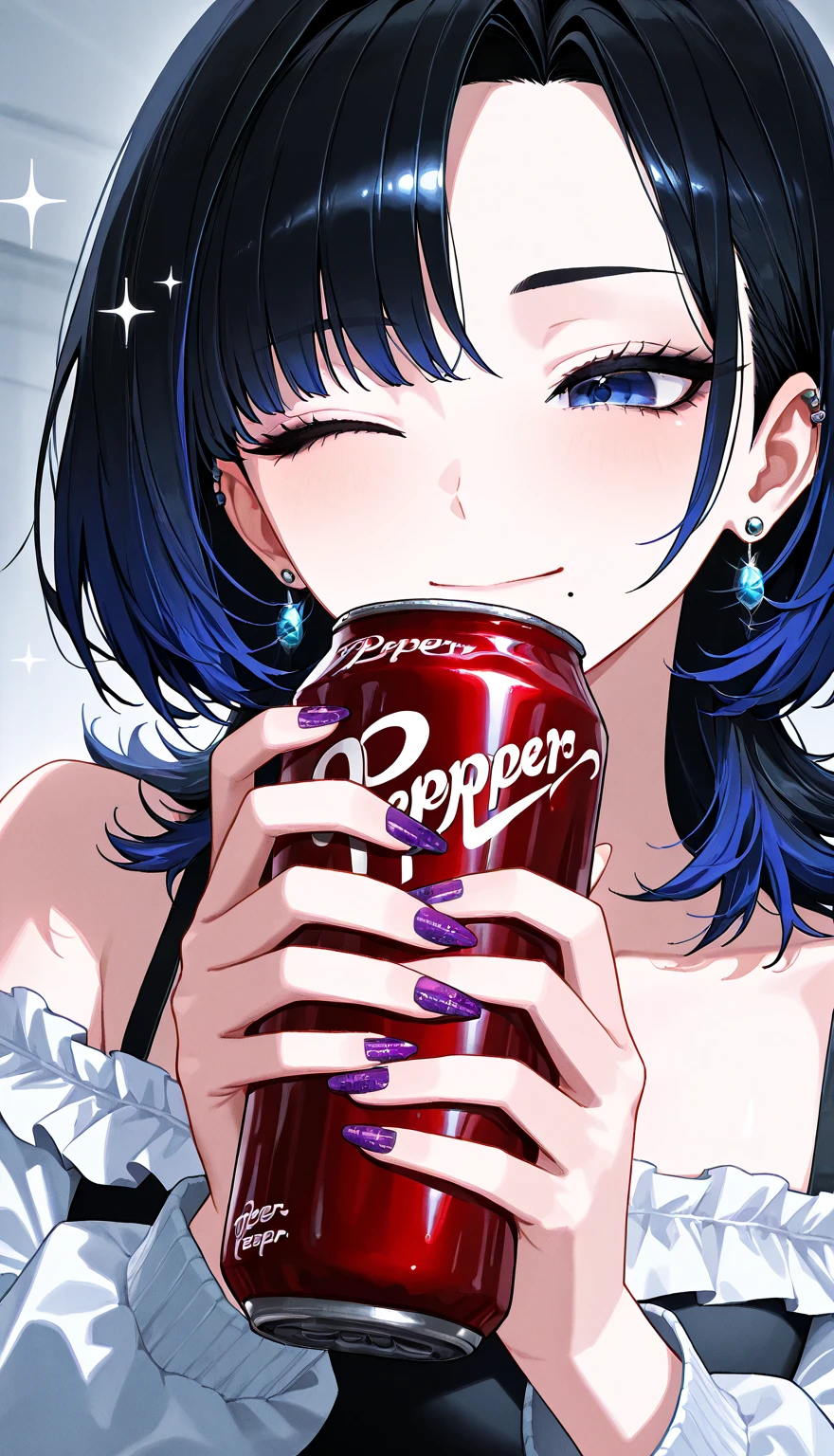 ((Detailed beautiful eyes)),Best Quality,4k,8K,High resolution,Textured Skin,KHD,Best Quality,Lilac gradient hair,Asymmetrical Hair,((my hair is very thick 1.8,The outline of the hair is clear1.6)),Long curly hair、Short pigtails、 Shiny Hair,Beautiful girls、Upper Body、((、Gazing into the distance、Short sleeve、White clothes、Big Breasts、Large Breasts、Big Tits、Low angle camera、Drink canned juice、))