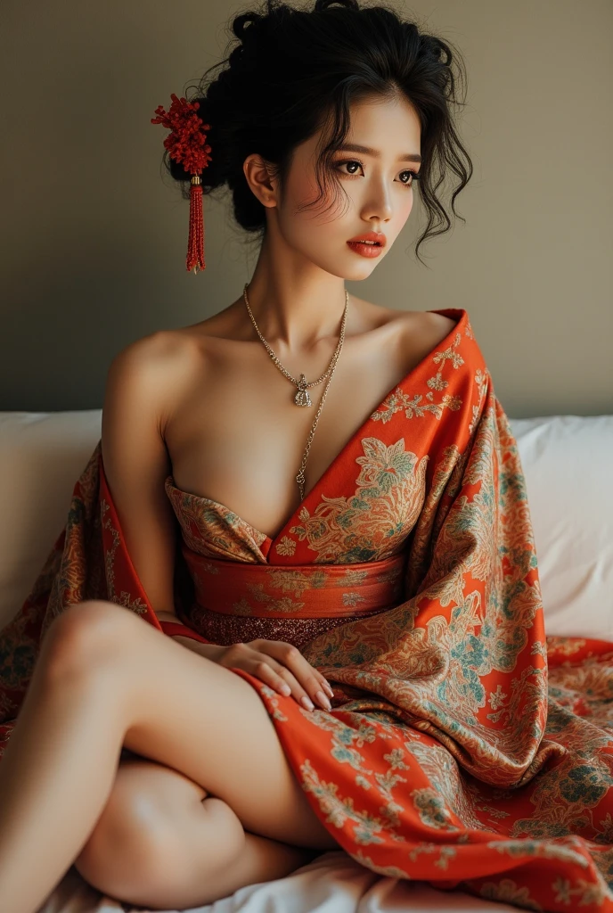 beautiful japanese woman with big breasts in revealing red kimono, autumn, on black background, red rose petals falling