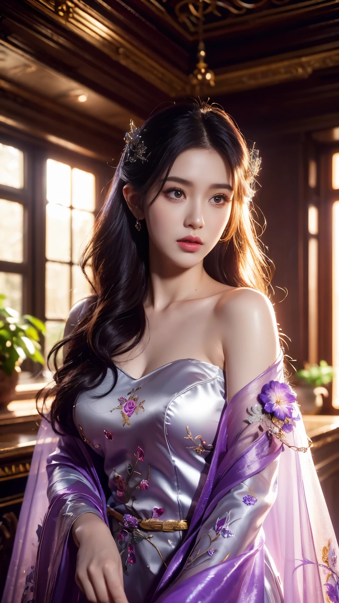 sexy woman who controls poison、beautiful smile、lip-gloss、long lasheetallic makeup、full body Esbian、、sparkling poisoned flower costume、、、、sparkling Colorful hair、secrete poison、skull hair accessories、sexy tights、flowers background
