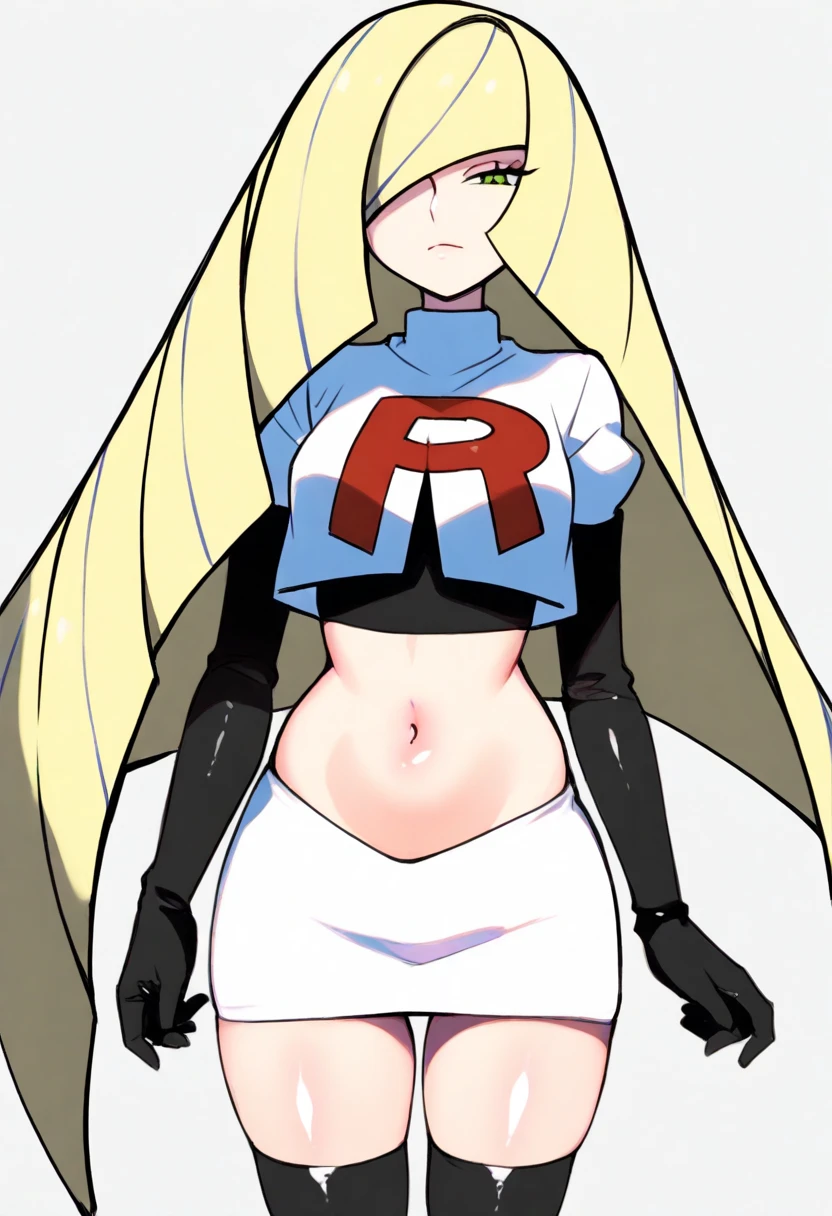 8k, masterpiece,highres,very large breast, team rocket uniform, red letter r, white skirt,white crop top,black thigh-high boots, black elbow gloves, glaring angrily, looking down at viewer, hands on hips, cowboy shot, zettai ryouiki,from below, black panties,anime style, vivid colors, sharp focus, intense lighting,pokemoncynthia, blonde hair, hair ornament, hair over one eye, long hair, (yellow eyes:1.5)