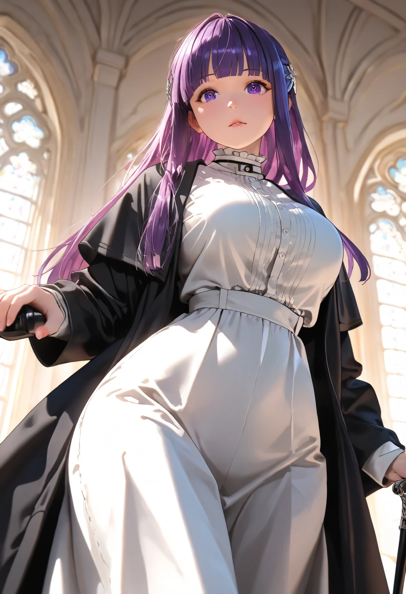 (Masterpiece, best quality , more details, 8k, 4K, hi res, ridiculous :1.3), ( Detailed Textured Lighting , detail surface lighting for viewers ), [  PASTEL Color ] [ Calm Colors ] [ Anime Screen Cap ] [  photorealistic] A 3D character model,perfect proportions, beautiful body,large breasts,wide hips,large eyes,View from below,(((( Funeral Freelen/Fern)))), purple eyes、 purple long hair、 straight hair、Cane、((Shoot the magic))、((multiple magic circles))、null、Floating