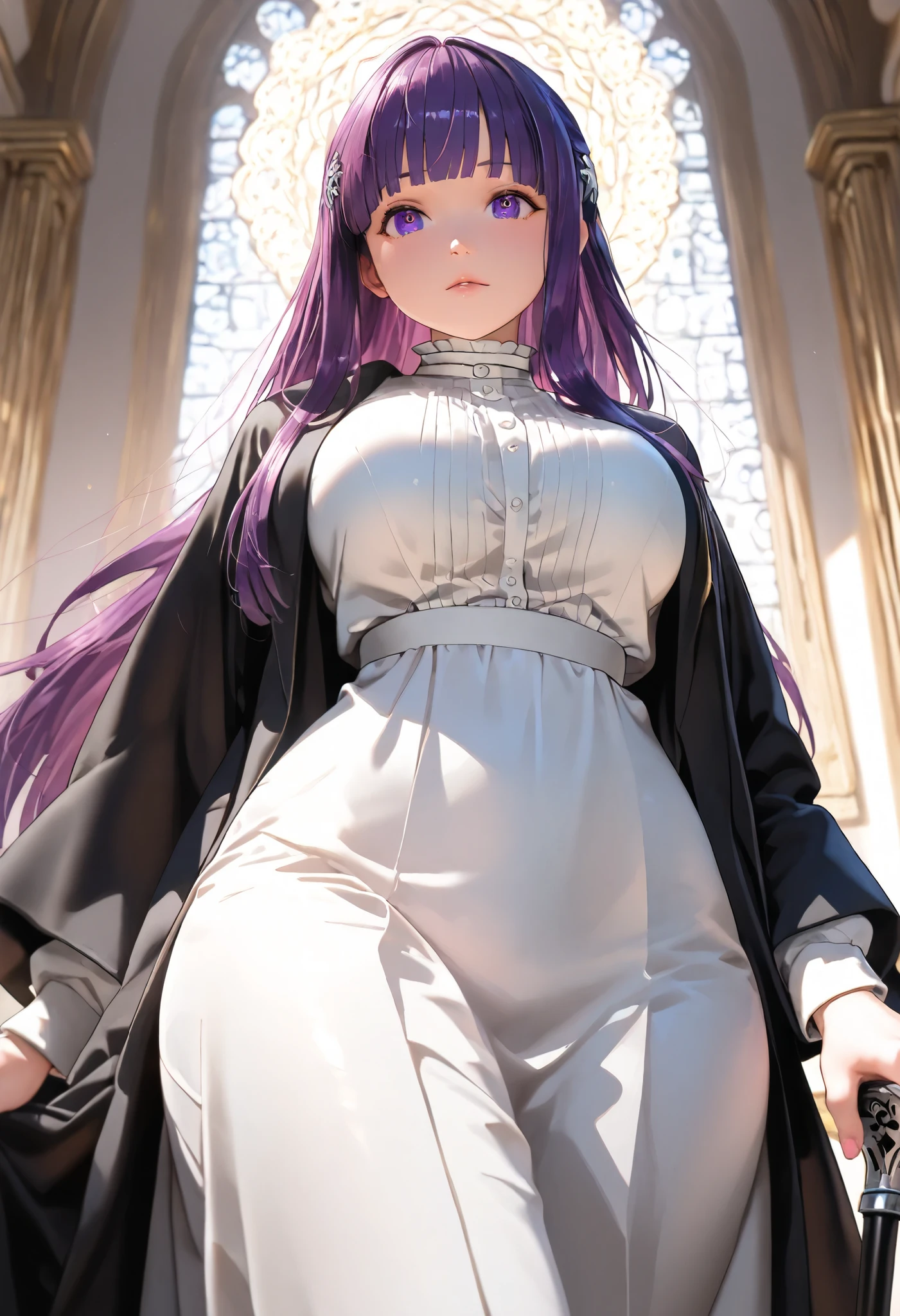(Masterpiece, best quality , more details, 8k, 4K, hi res, ridiculous :1.3), ( Detailed Textured Lighting , detail surface lighting for viewers ), [  PASTEL Color ] [ Calm Colors ] [ Anime Screen Cap ] [  photorealistic] A 3D character model,perfect proportions, beautiful body,large breasts,wide hips,large eyes,View from below,(((( Funeral Freelen/Fern)))), purple eyes、 purple long hair、 straight hair、Cane、((Shoot the magic))、((multiple magic circles))、null、Floating