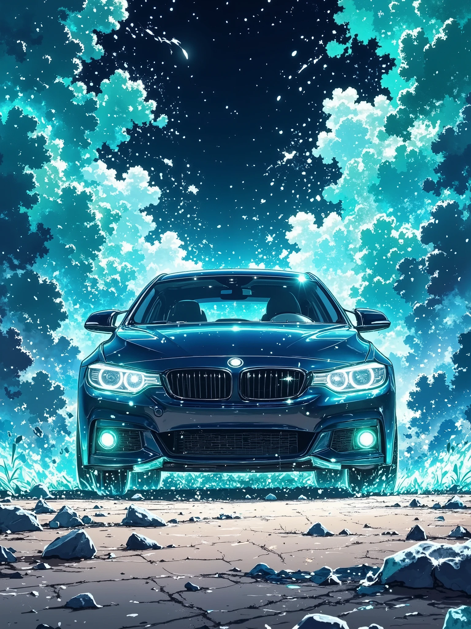A dark-blue sports car is centered in a dramatic scene. Thick, vibrant teal smoke billows around and over the vehicle, creating a dynamic and powerful atmosphere. The car's front end is prominent, showcasing its aggressive design and details. The ground beneath the car is covered in a mixture of light gray and darker gray particles, simulating a textured surface. The lighting is focused on the car, highlighting its contours and textures, while the smoke creates a dramatic contrast. The composition is balanced, with the car positioned centrally and the smoke filling the remaining space around it. The perspective is at ground level, looking directly at the car's front end. The style is visually striking and evokes a sense of speed and energy. Important details include the intense color of the smoke and the powerful design of the vehicle. The overall impression is one of raw power and dynamism.