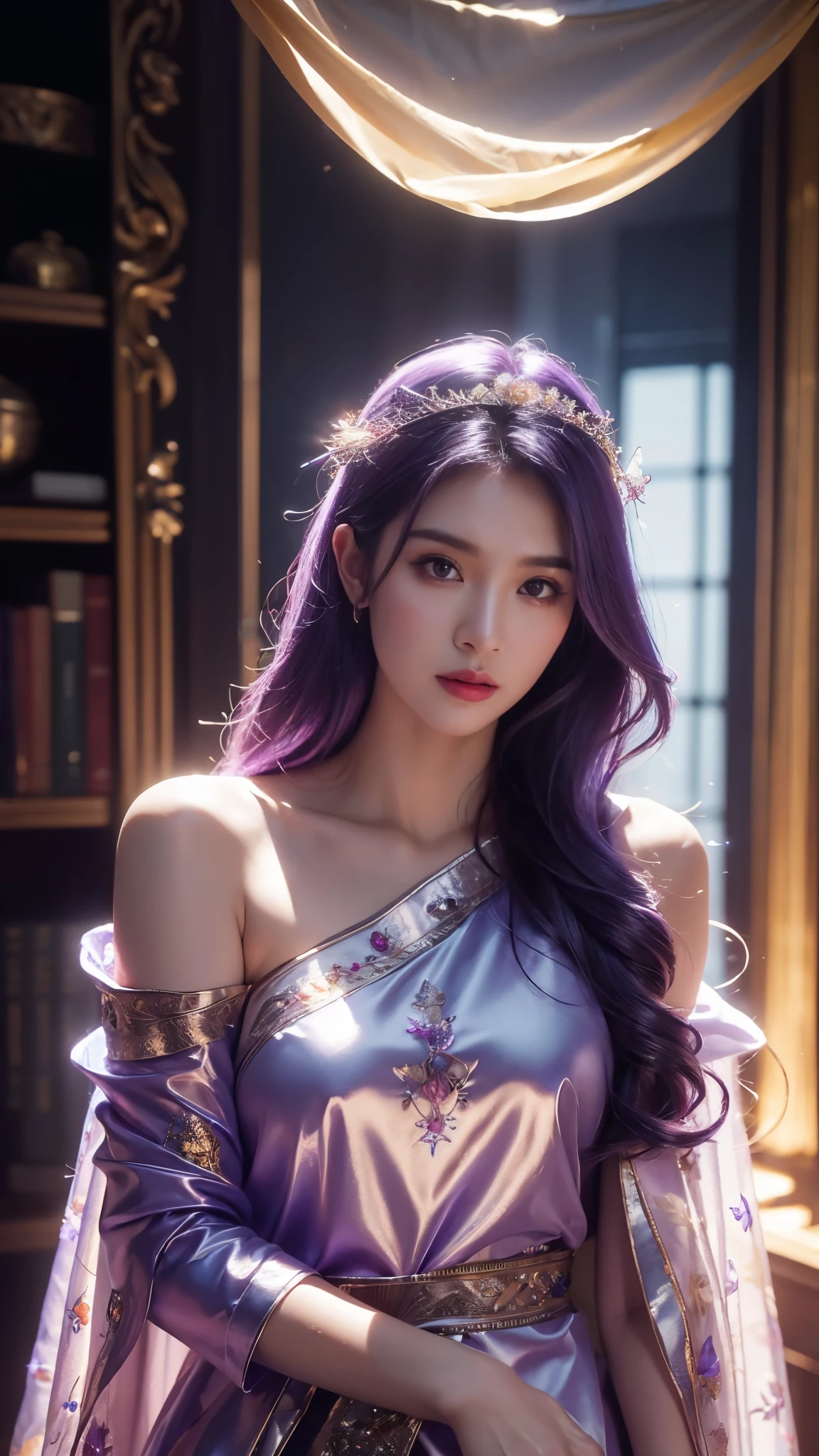 best quality, masterpiece, highres, realistic,photographic,(exquisite body:1.2),gorgeous face,(milky skin:1.3),intricate details,high resolution,high detail RAW color photo,wallpaper
1girl, purple hair, dress, hair ornament, solo, breasts, bare shoulders, white dress, crystal, Crystal skirt, jewelry, looking_to_the_side, asymmetrical_sleeves, clothing_cutout, shiny_hair, hair_rings, floating, spotlight, alternate_costume, sparkle,Multi-layer dress, floral print, 
(VSCO A7:1.5),16K,HDR,highres,depth field,(film grain:1.1),boken,ISO 200,golden hour,(lens flare),vignette,rainbowing,(color grading:1.5)