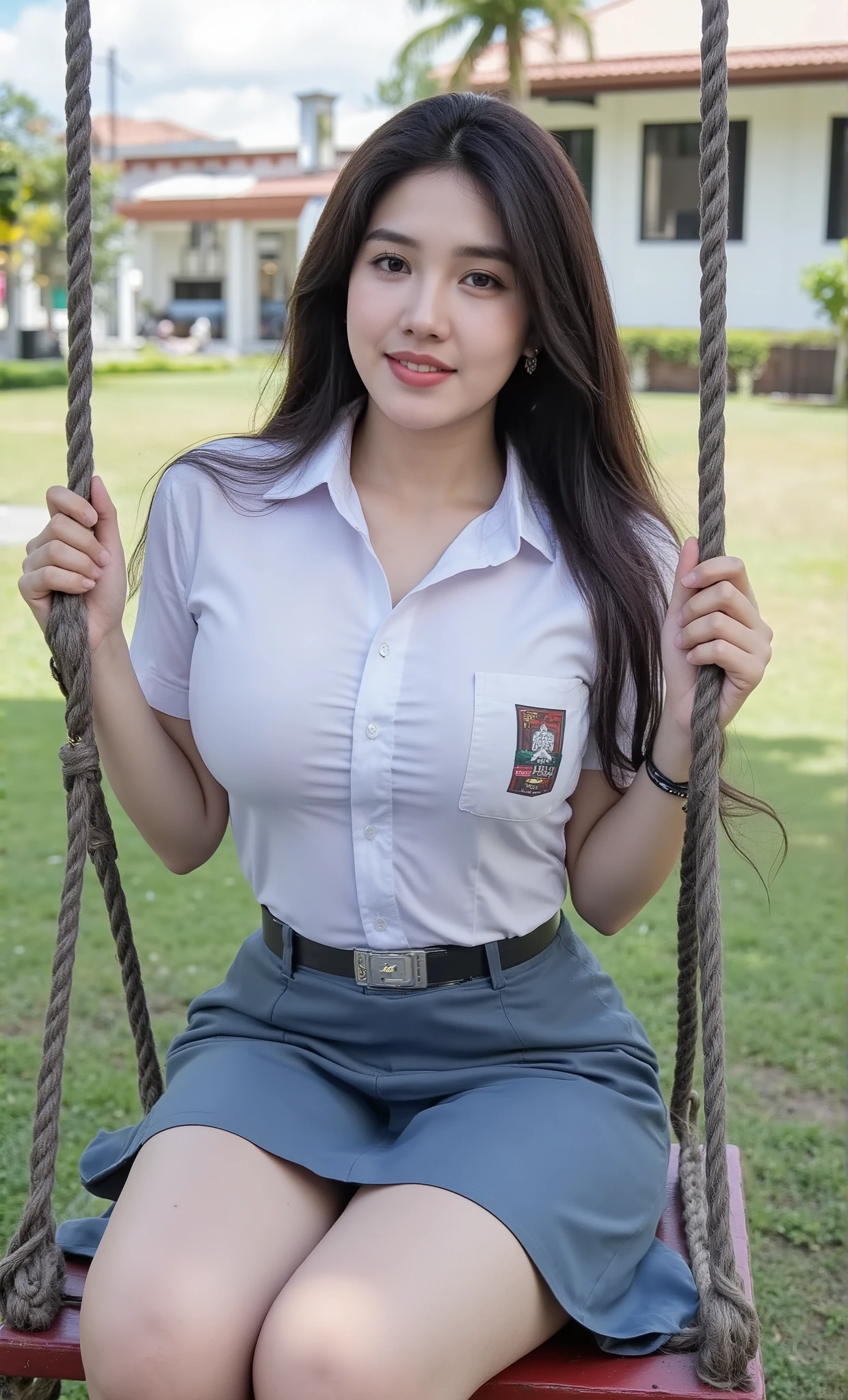 (Masterpiece: 1.2, Best Quality), Realistic, (Realistic Picture, Complex Details, Depth of Field), Best Quality, Masterpiece, Highly Detailed, Realistic, indonesian youth teenage girl, face, chest forward, big breasts, thin lips, beautiful and seductive, curvy body, Indonesian high school uniform with left pocket shirt, full body view, look at viewer, full photo, background prostitution, astride open legs pose sitting on swing, round thin glasses