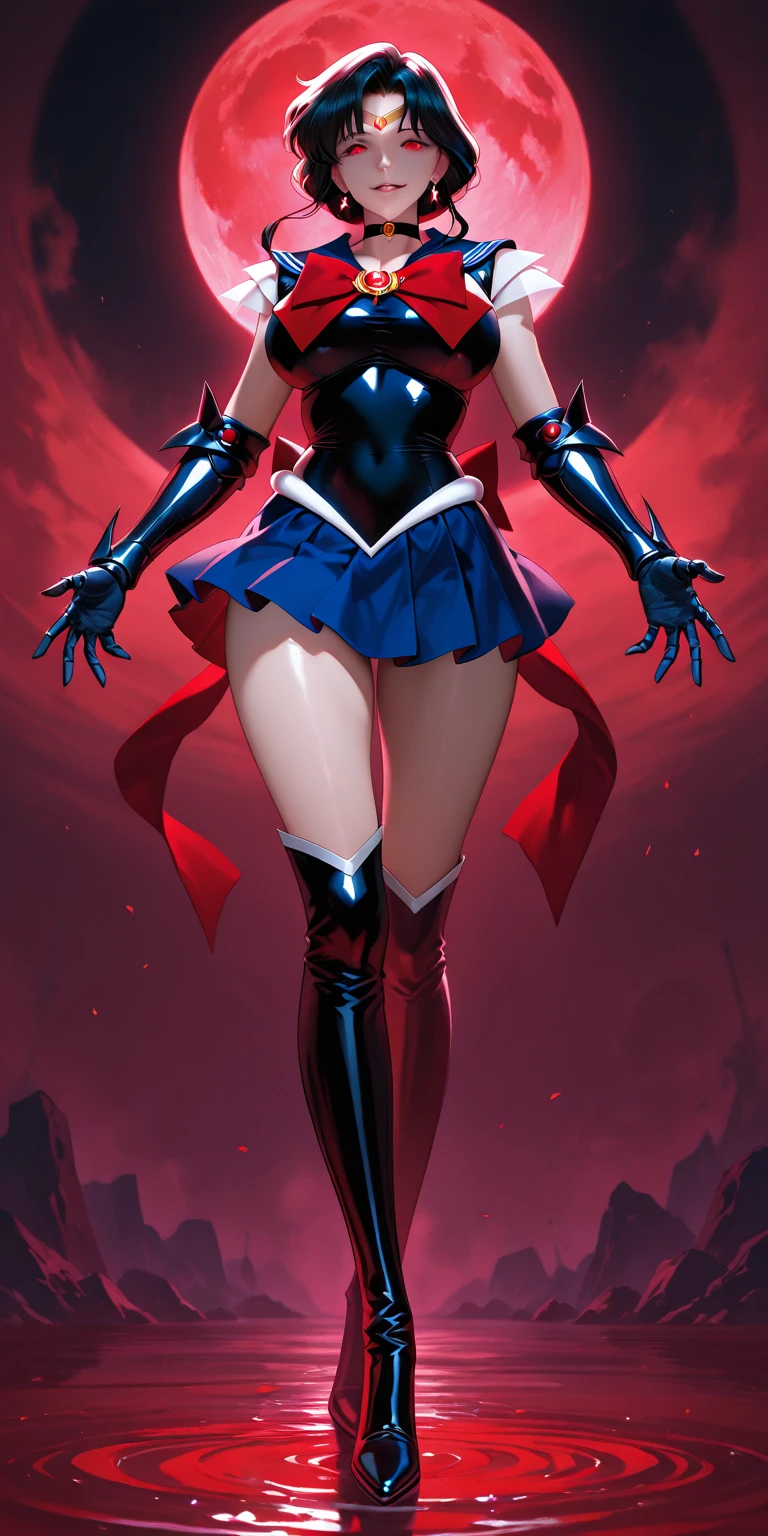 a woman in a red and blue outfit holding a knife, snow white as a d & d fighter, as a retro futuristic heroine, full body concept, as a retrofuturistic heroine, katana zero video game character, knights of zodiac girl, lady in red armor, female archer, she-ra, she - ra, natalie from epic battle fantasy, bikini-armor, leotard, bare legs, red hair, hazel eyes, serious, bats, castle, dark horror atmosphere, solo, night, thigh high boots