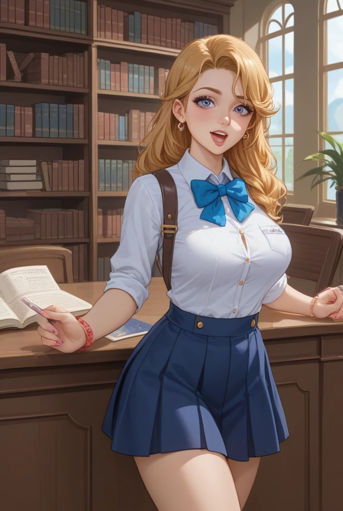 PERFECT MASTERPIECE, EXTREMELY DETAILED CG UNITY 32K UHD QUALITY RESOLUTION, RAW PHOTO, PHOTOREALISTIC, AWARD-WINNING PORTRAIT, OFFICIAL ART, PROFESSIONAL CINEMATIC LIGHTING, PROFESSIONAL FILM QUALITY, The most beautiful and sexy school girl, long blonde hair in a ponytail, vibrant blue eyes, long detailed eyelashes, blushing, full pouting pink lips, super huge enormously gigantic tits, cleavage showing, gigantic  bursting out of her shirt, wearing a school girl uniform and school girl skirt, white panties showing, standing in a sexy seductive slutty pose arching her back, looking at the viewer, sexy seductive slutty facial expression, school campus background